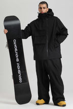 Men's Black Asym-Zip Multi-Pocket Ski Jacket Utility Waterproof Snow Jacket