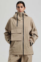 Women's Off White Asym-Zip Multi-Pocket Ski Jacket Utility Waterproof Snow Jacket