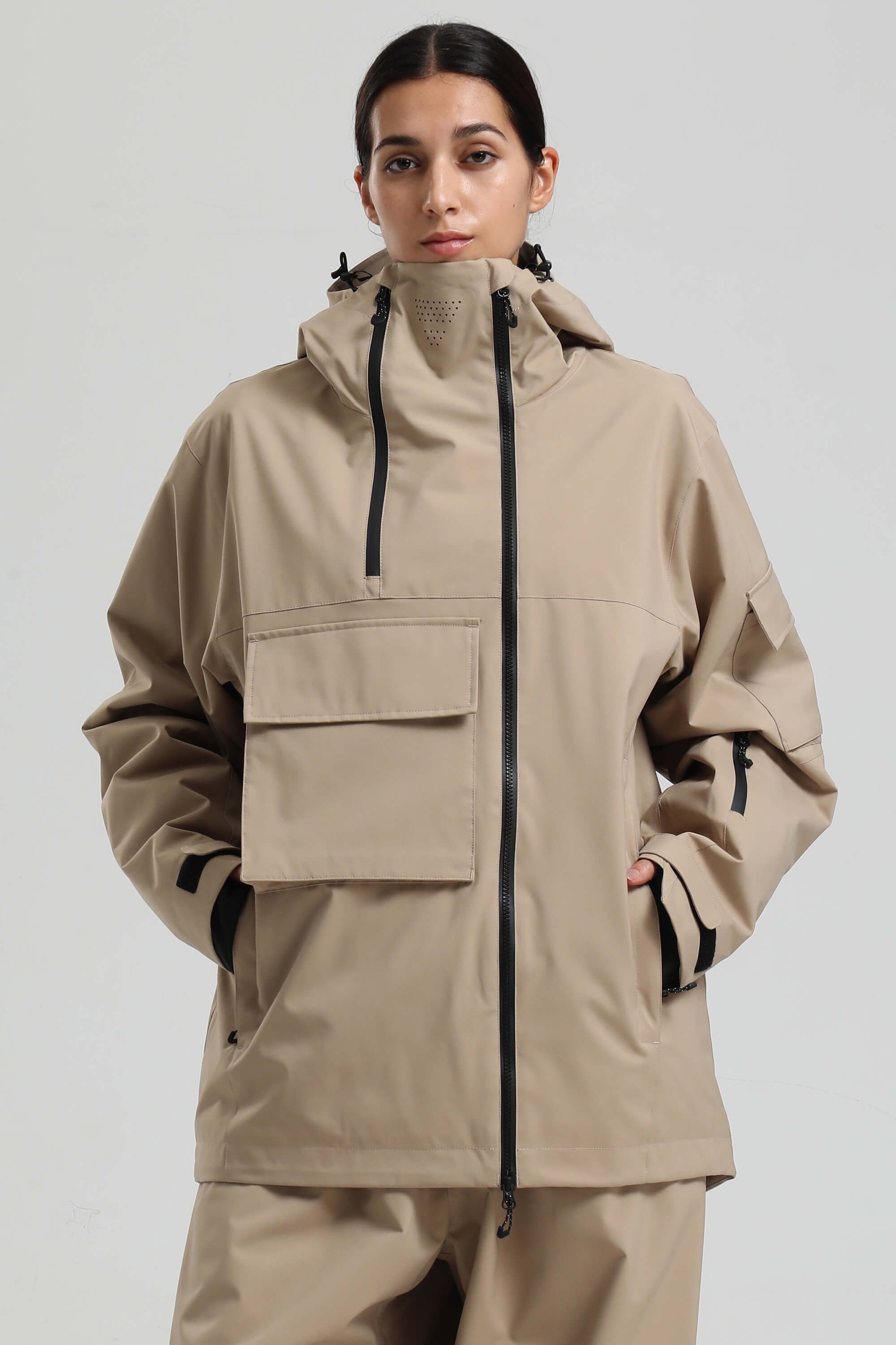 Women's Khaki & White Asym-Zip Multi-Pocket Ski Jacket Utility Waterproof Snow Jacket