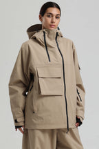 Women's Khaki & White Asym-Zip Multi-Pocket Ski Jacket Utility Waterproof Snow Jacket