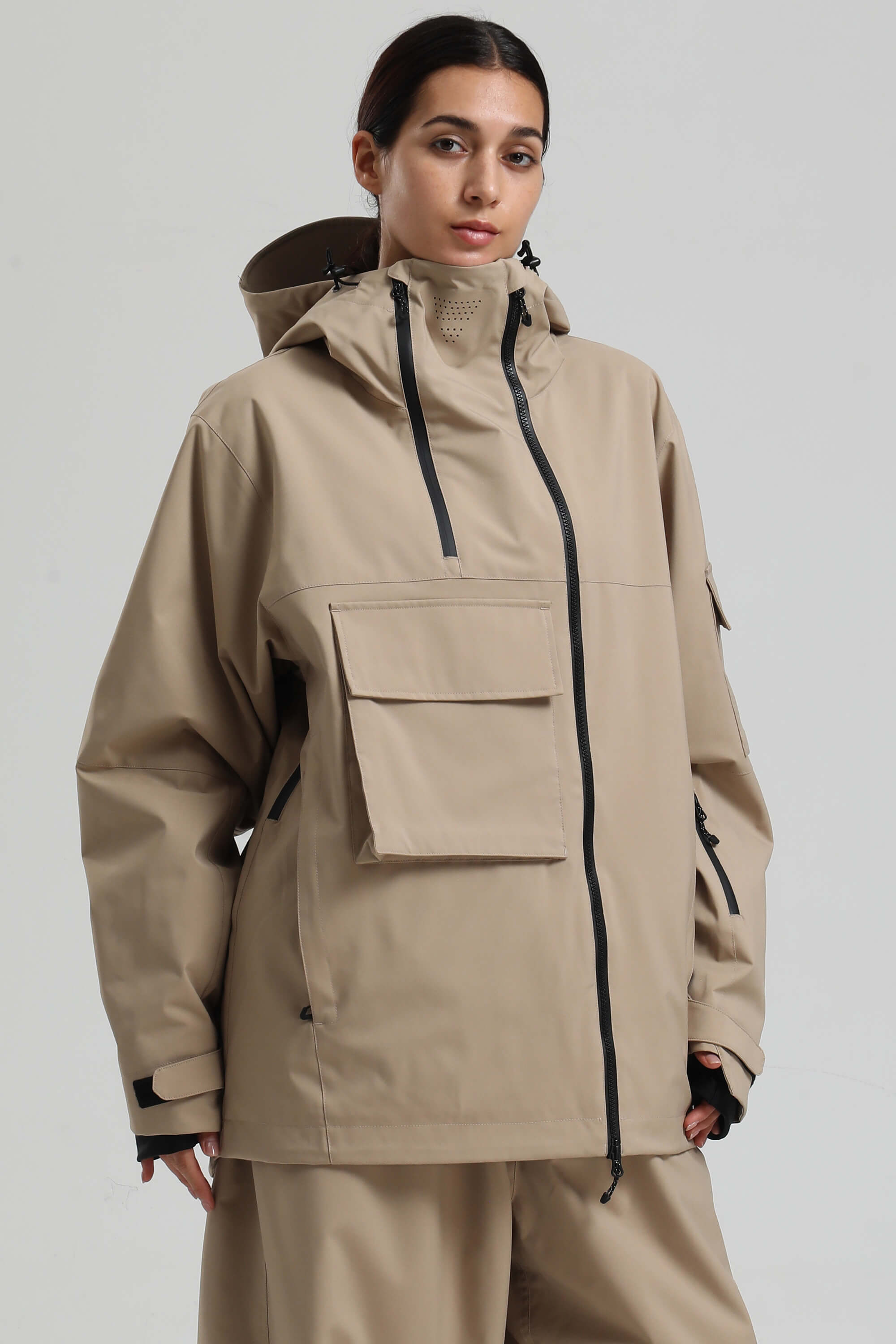 Women's Khaki & White Asym-Zip Multi-Pocket Ski Jacket Utility Waterproof Snow Jacket