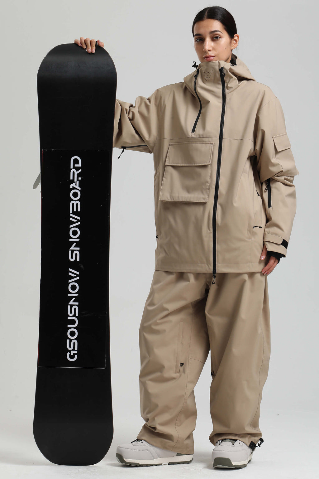 Women's Khaki Asym-Zip Multi-Pocket Ski Jacket Utility Waterproof Snow Jacket