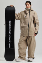 Women's Khaki Asym-Zip Multi-Pocket Ski Jacket Utility Waterproof Snow Jacket