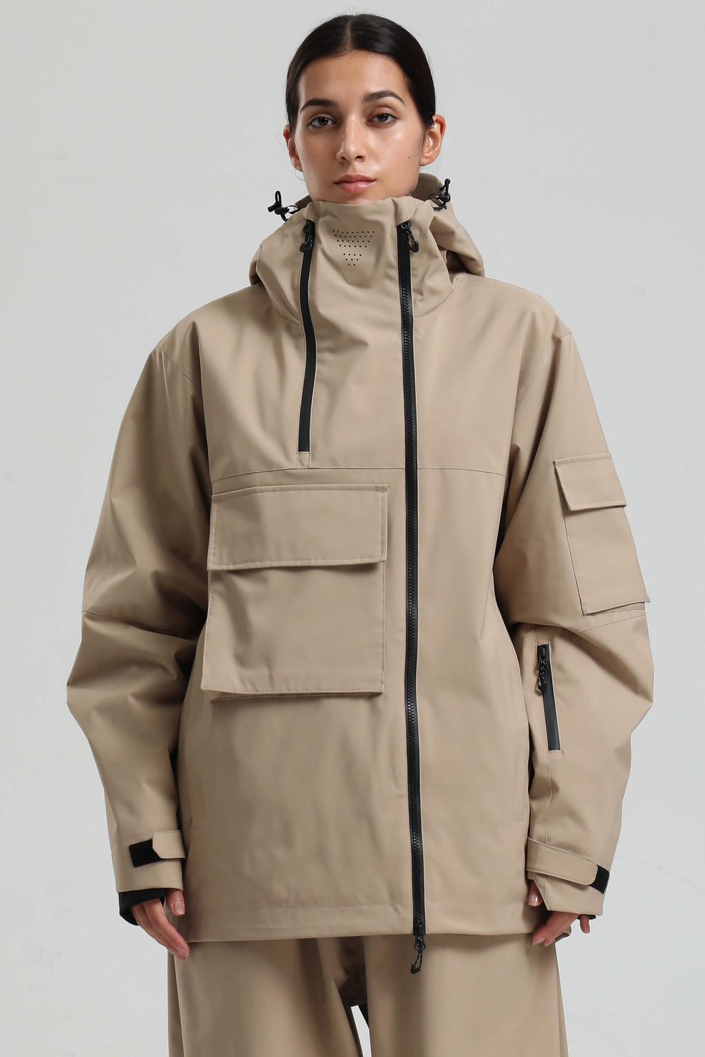 Women's Khaki Asym-Zip Multi-Pocket Ski Jacket Utility Waterproof Snow Jacket