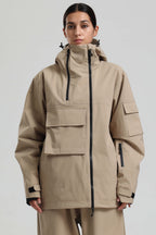 Women's Khaki Asym-Zip Multi-Pocket Ski Jacket Utility Waterproof Snow Jacket