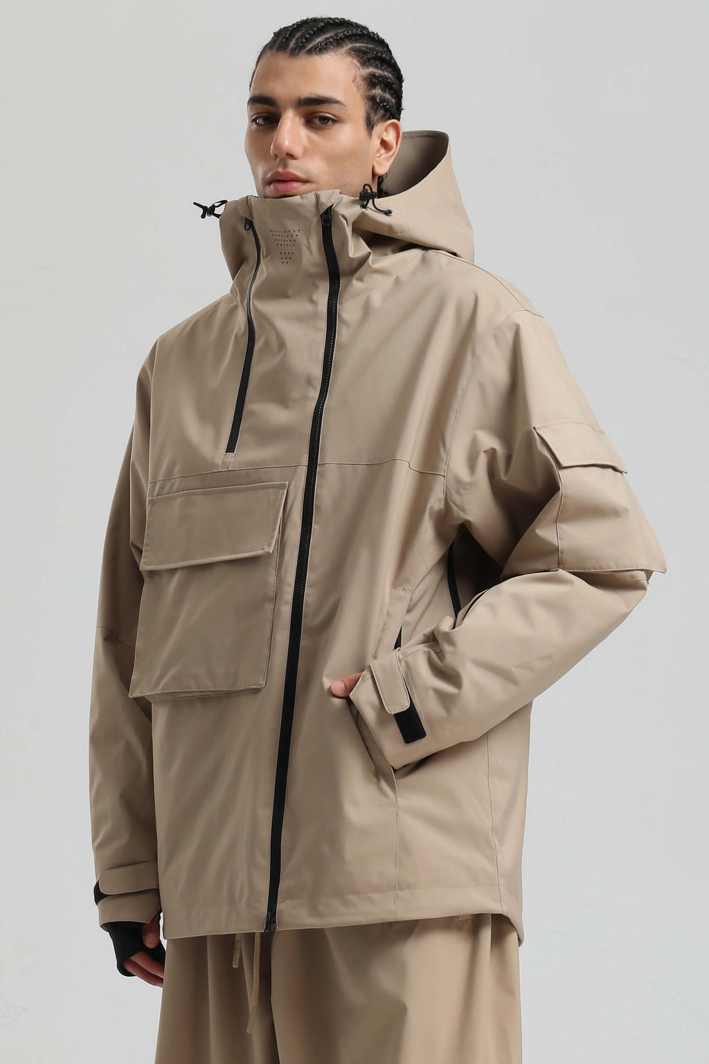 Men's Off White Asym-Zip Multi-Pocket Ski Jacket Utility Waterproof Snow Jacket