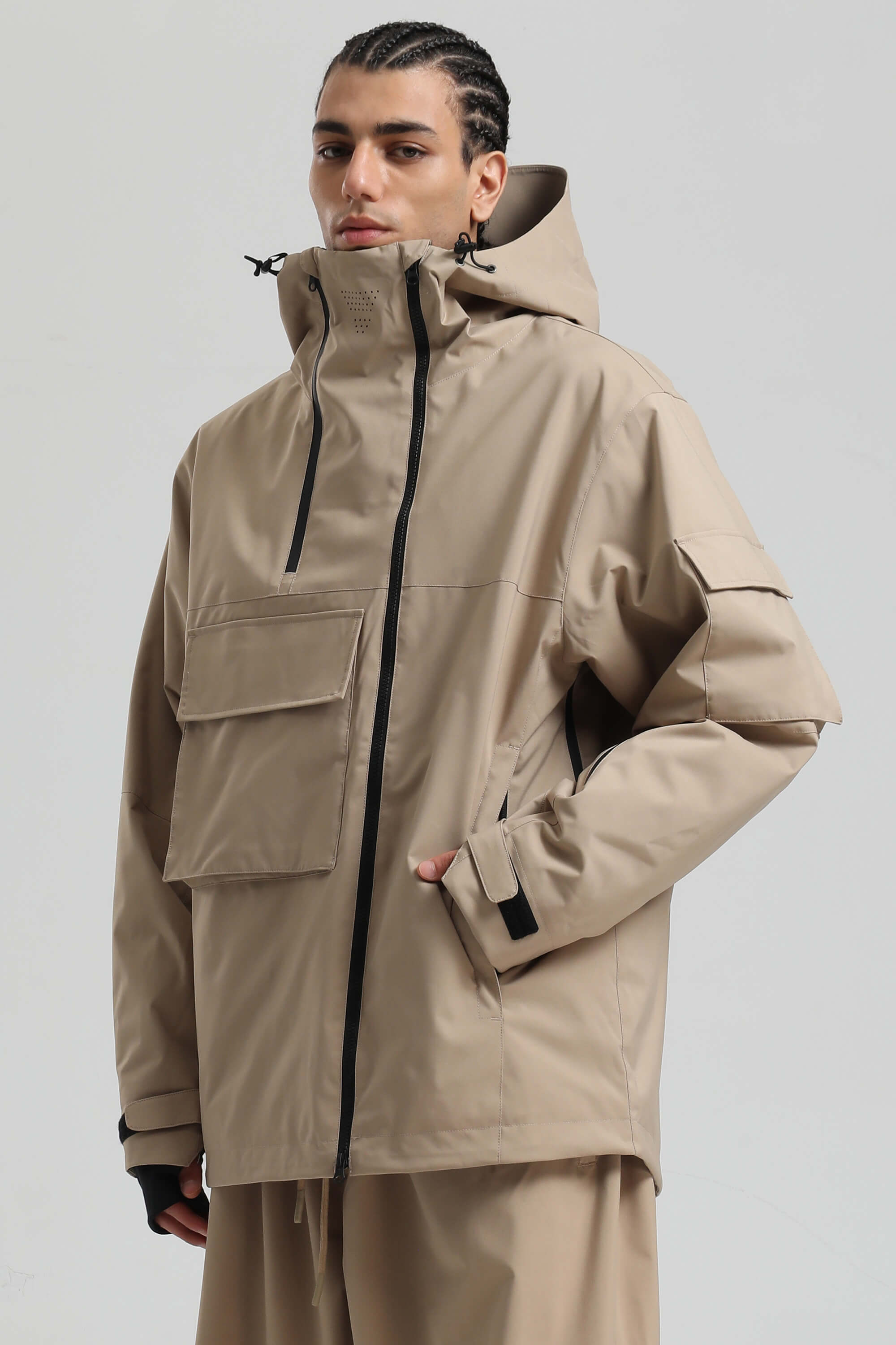 Men's Khaki Asym-Zip Multi-Pocket Ski Jacket Utility Waterproof Snow Jacket Main image