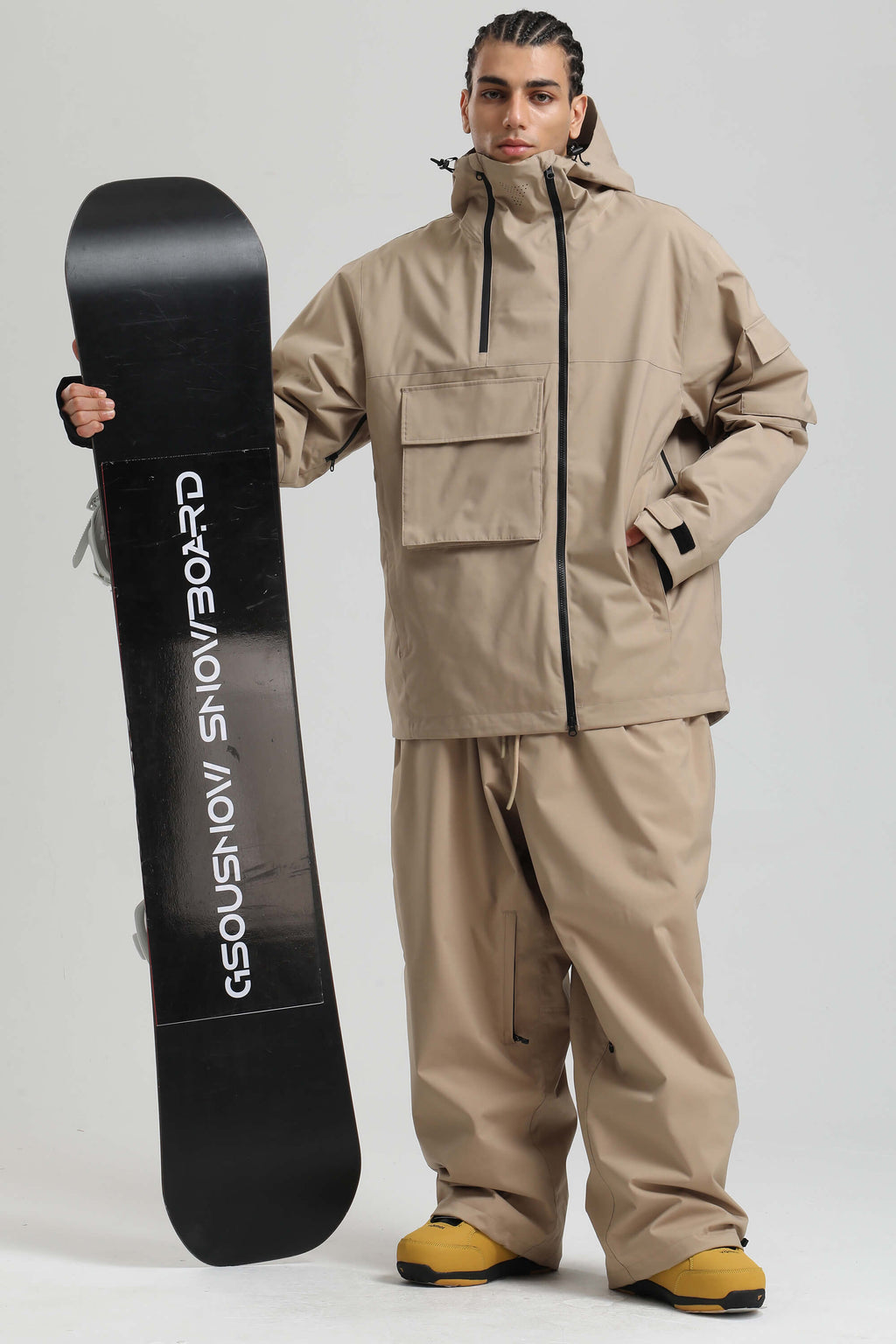 Men's Khaki Asym-Zip Multi-Pocket Ski Jacket Utility Waterproof Snow Jacket