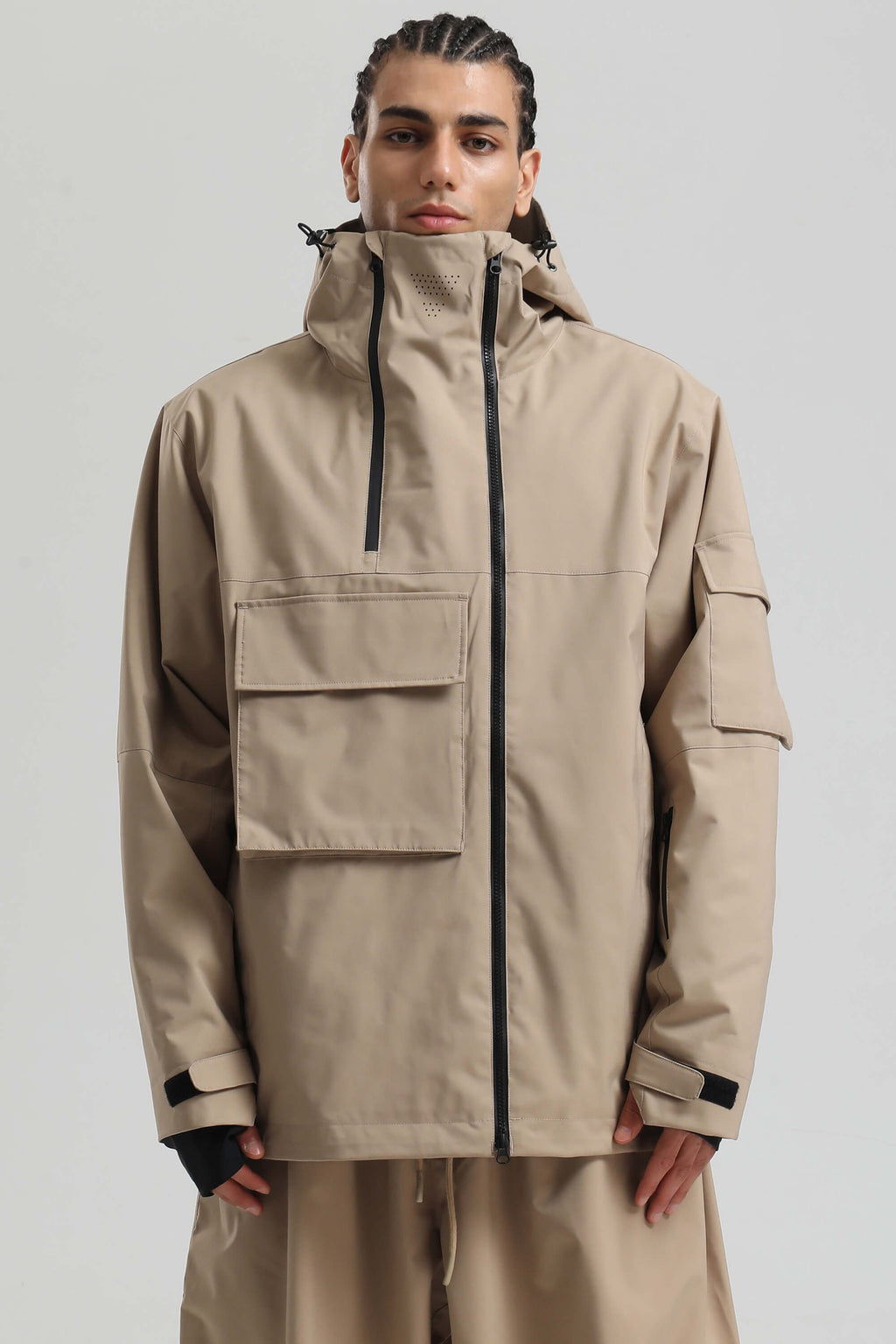 Men's White & Black Asym-Zip Multi-Pocket Ski Jacket Utility Waterproof Snow Jacket