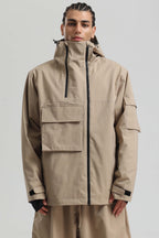 Men's White & Black Asym-Zip Multi-Pocket Ski Jacket Utility Waterproof Snow Jacket