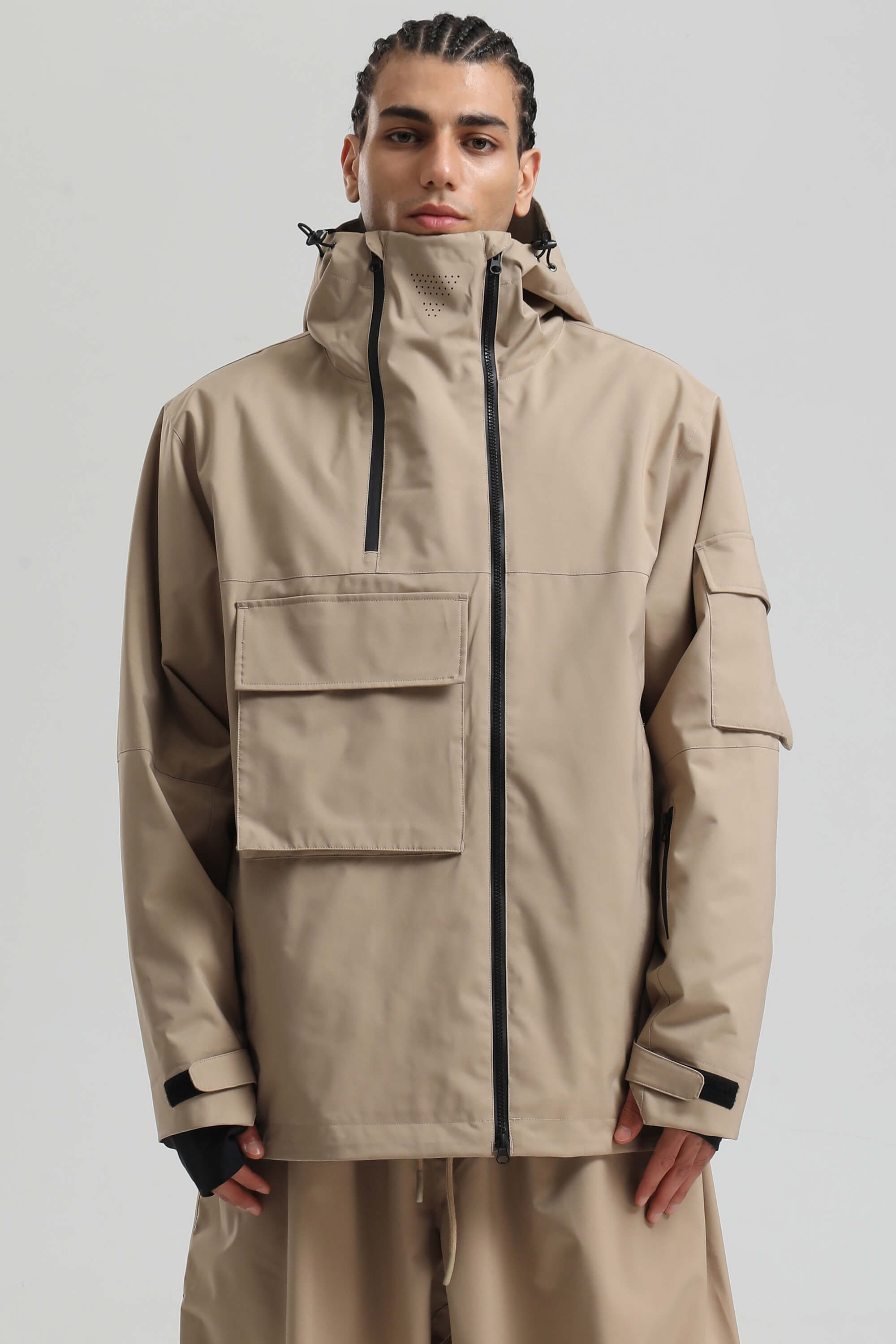 Men's White & Black Asym-Zip Multi-Pocket Ski Jacket Utility Waterproof Snow Jacket