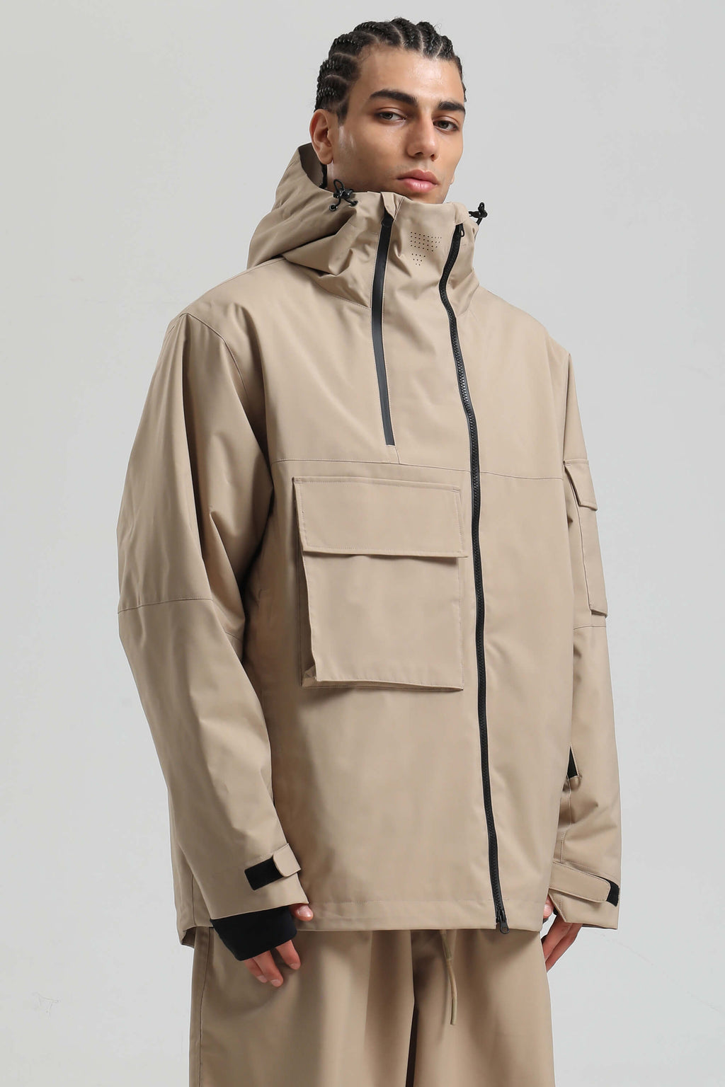 Men's Khaki Asym-Zip Multi-Pocket Ski Jacket Utility Waterproof Snow Jacket