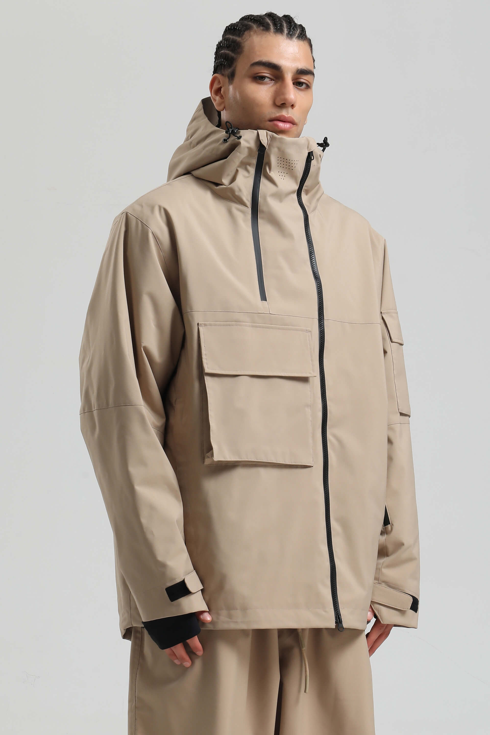 Men's Khaki Asym-Zip Multi-Pocket Ski Jacket Utility Waterproof Snow Jacket