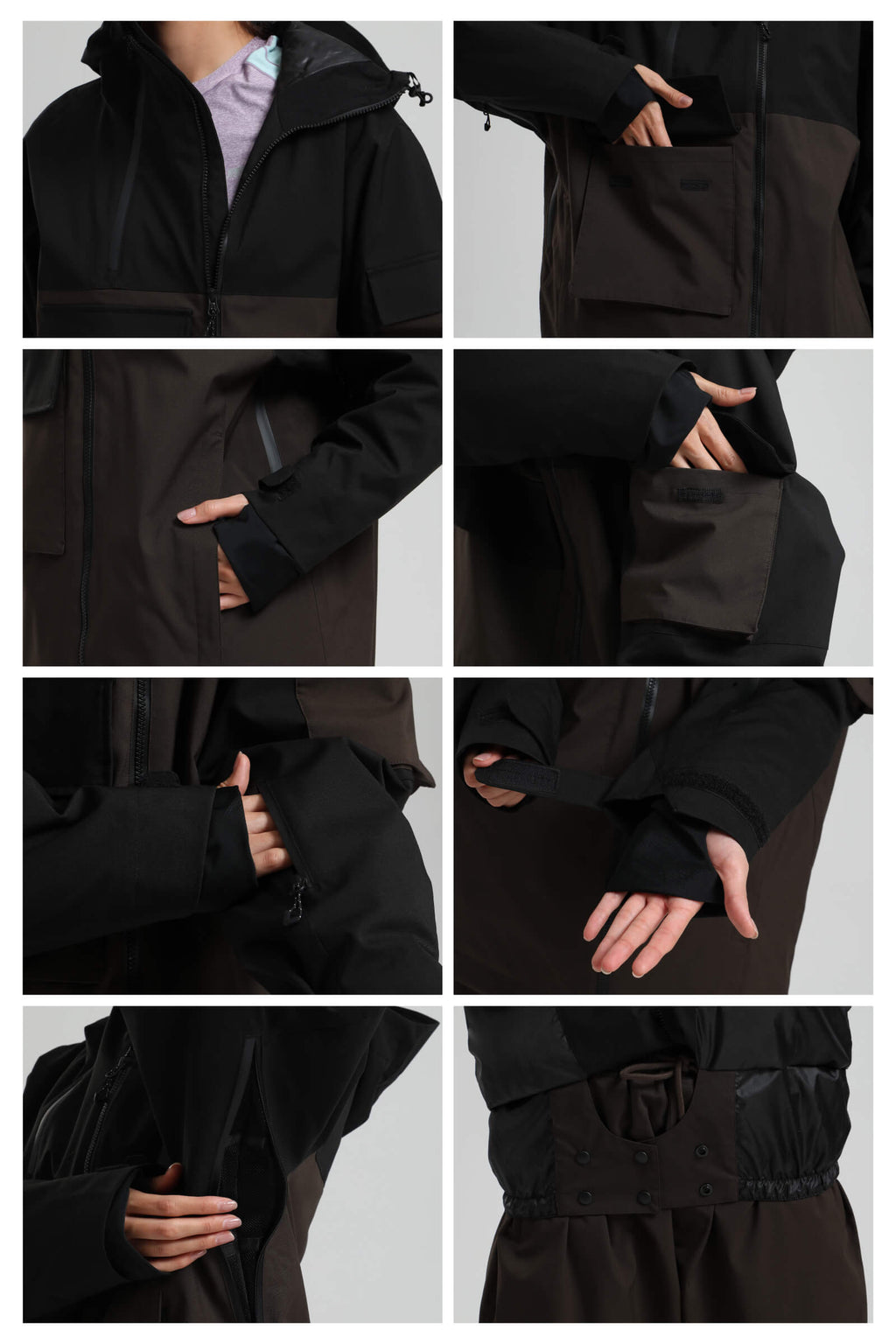 Women's Khaki & White Asym-Zip Multi-Pocket Ski Jacket Utility Waterproof Snow Jacket
