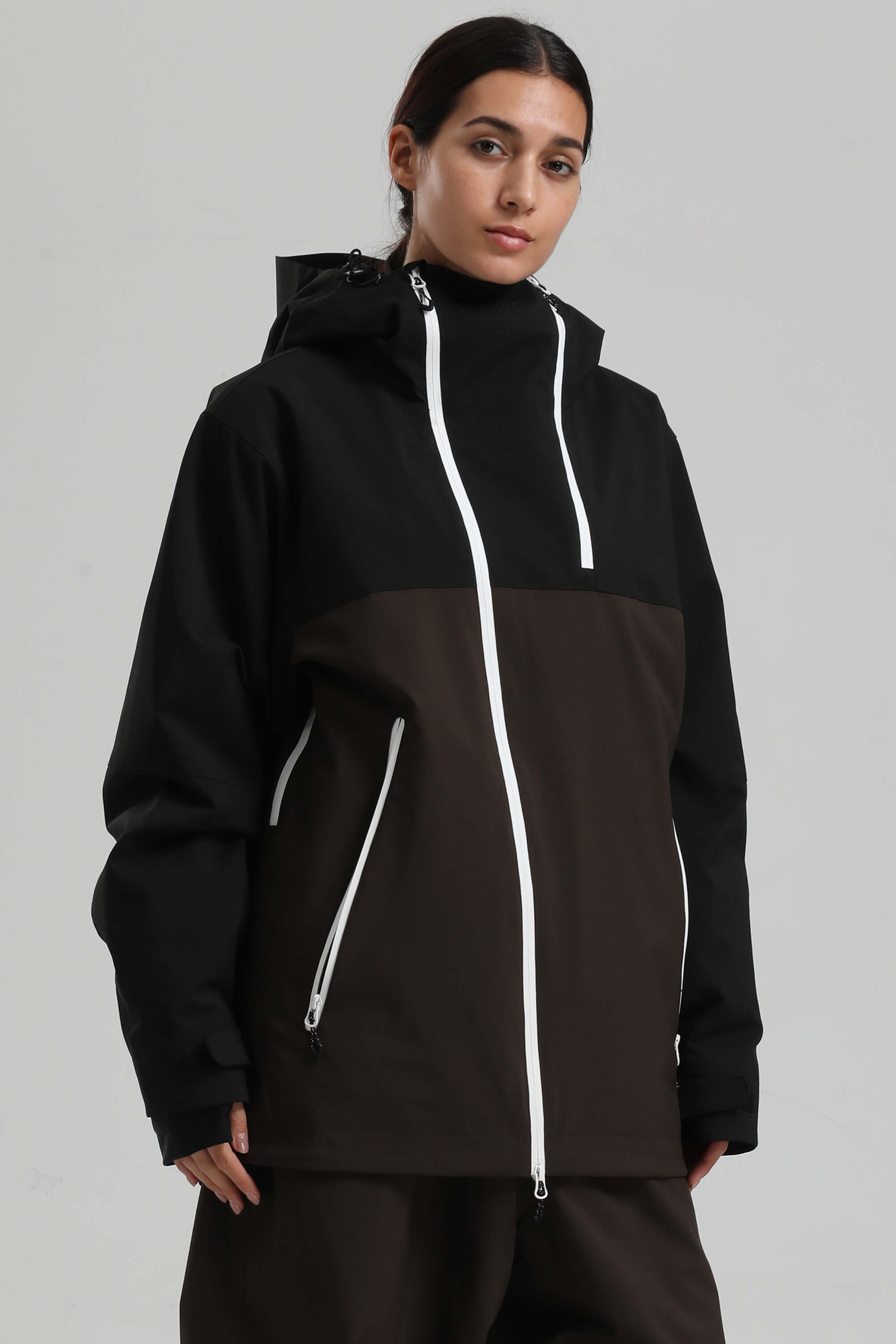 Women's Black & Coffee Asym-Zip Face-Vent Ski Jacket Waterproof Insulated Snow Jacket