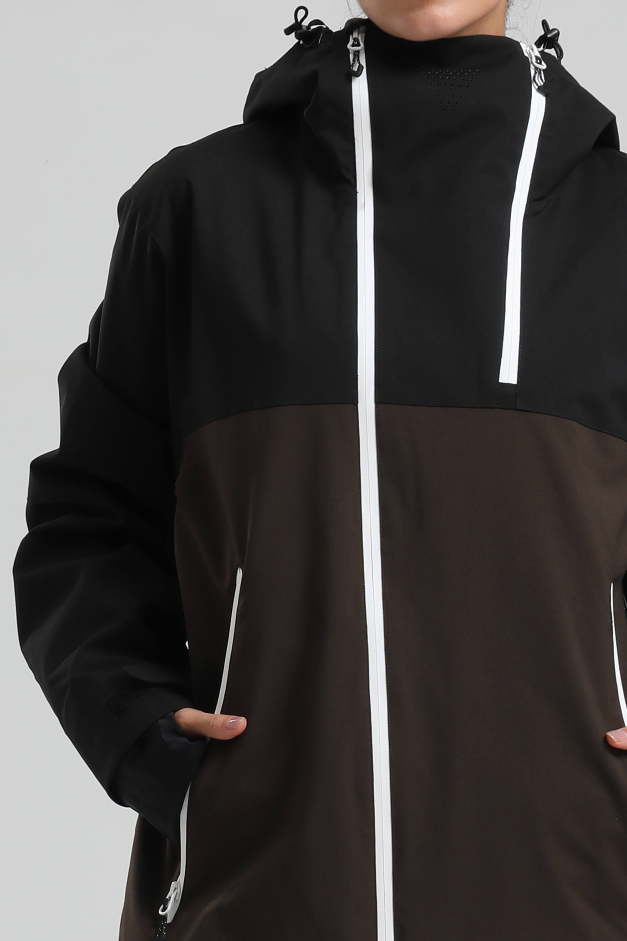 Women's Black & Coffee Asym-Zip Face-Vent Ski Jacket Waterproof Insulated Snow Jacket