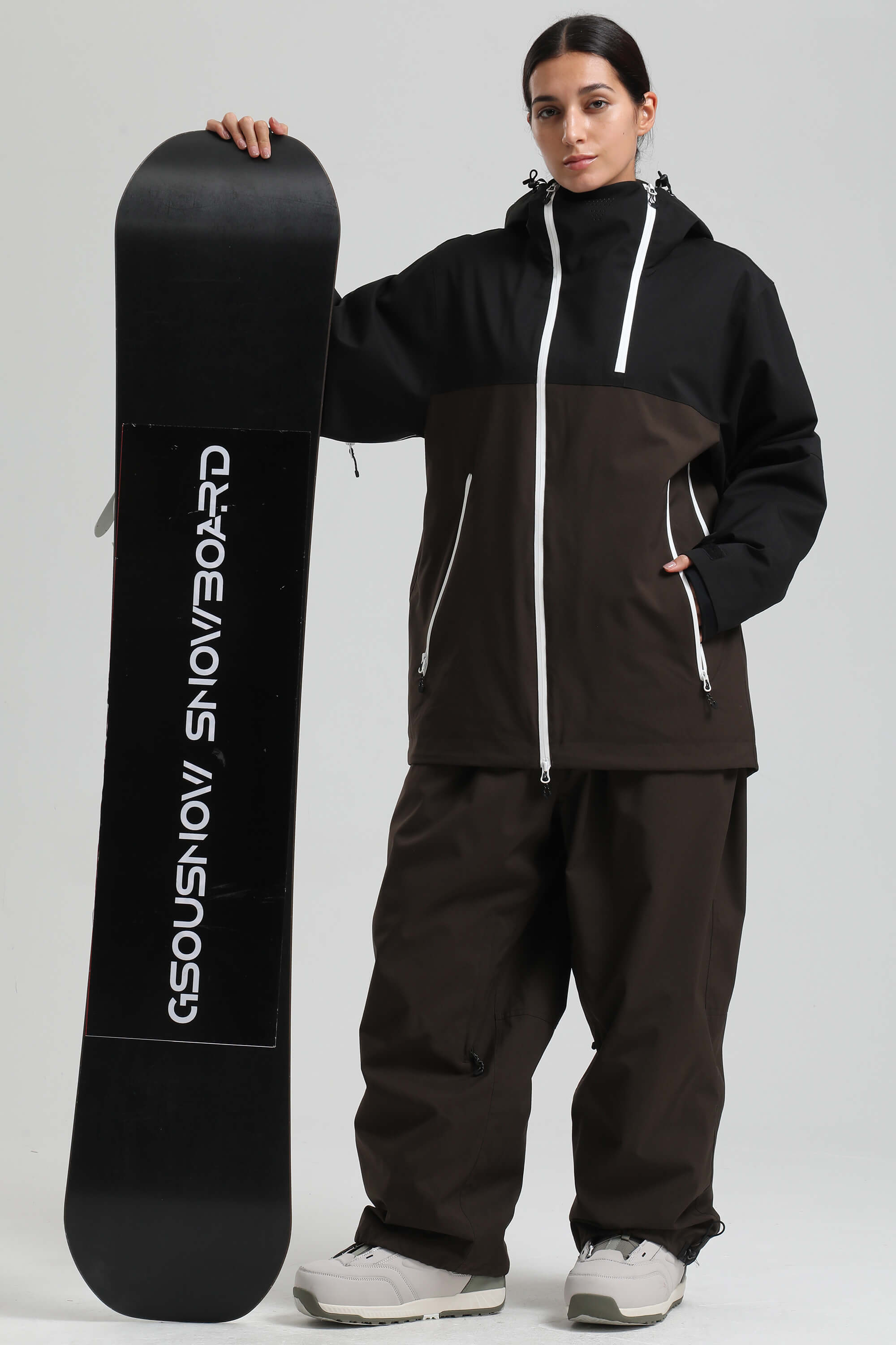 Women's Black & Coffee Asym-Zip Face-Vent Ski Jacket Waterproof Insulated Snow Jacket