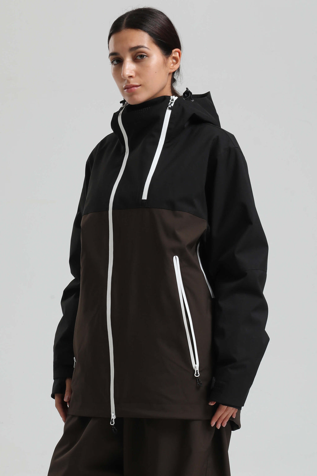 Women's Black & Coffee Asym-Zip Face-Vent Ski Jacket Waterproof Insulated Snow Jacket