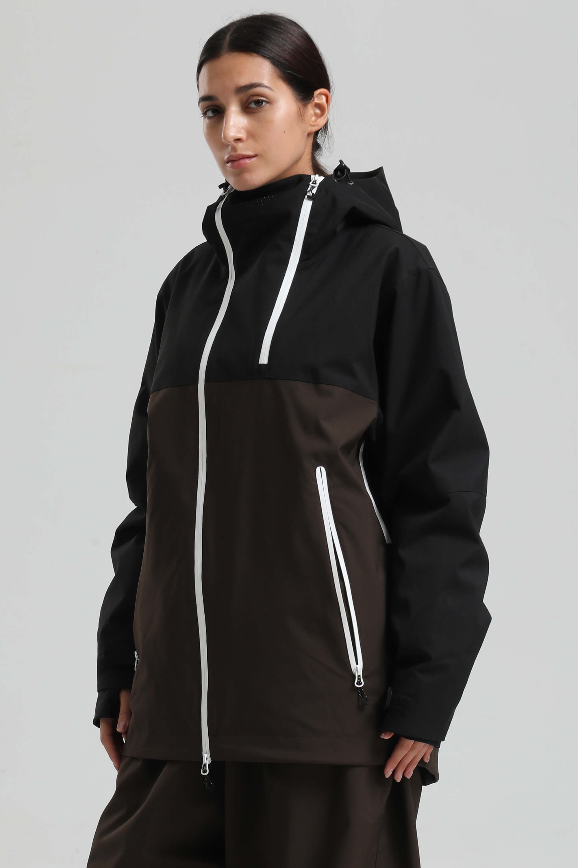 Women's Black & Coffee Asym-Zip Face-Vent Ski Jacket Waterproof Insulated Snow Jacket