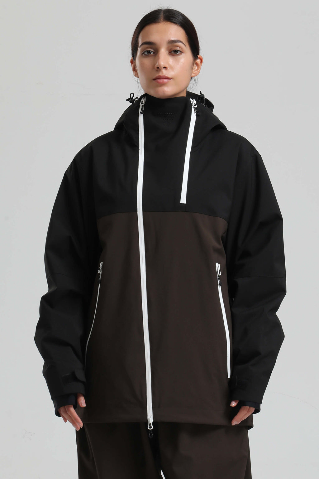 Women's Black & Coffee Asym-Zip Face-Vent Ski Jacket Waterproof Insulated Snow Jacket