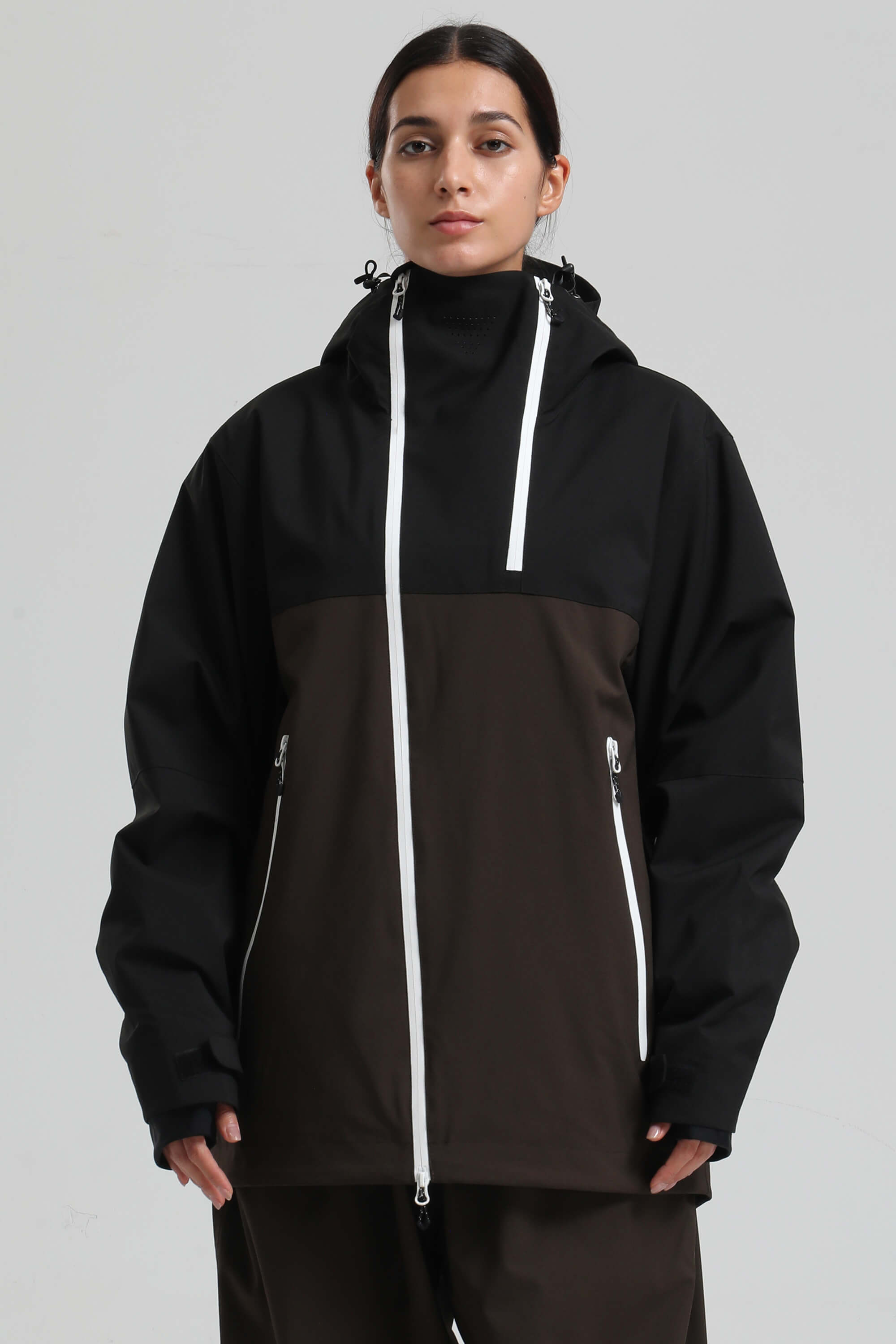 Women's Black & Coffee Asym-Zip Face-Vent Ski Jacket Waterproof Insulated Snow Jacket