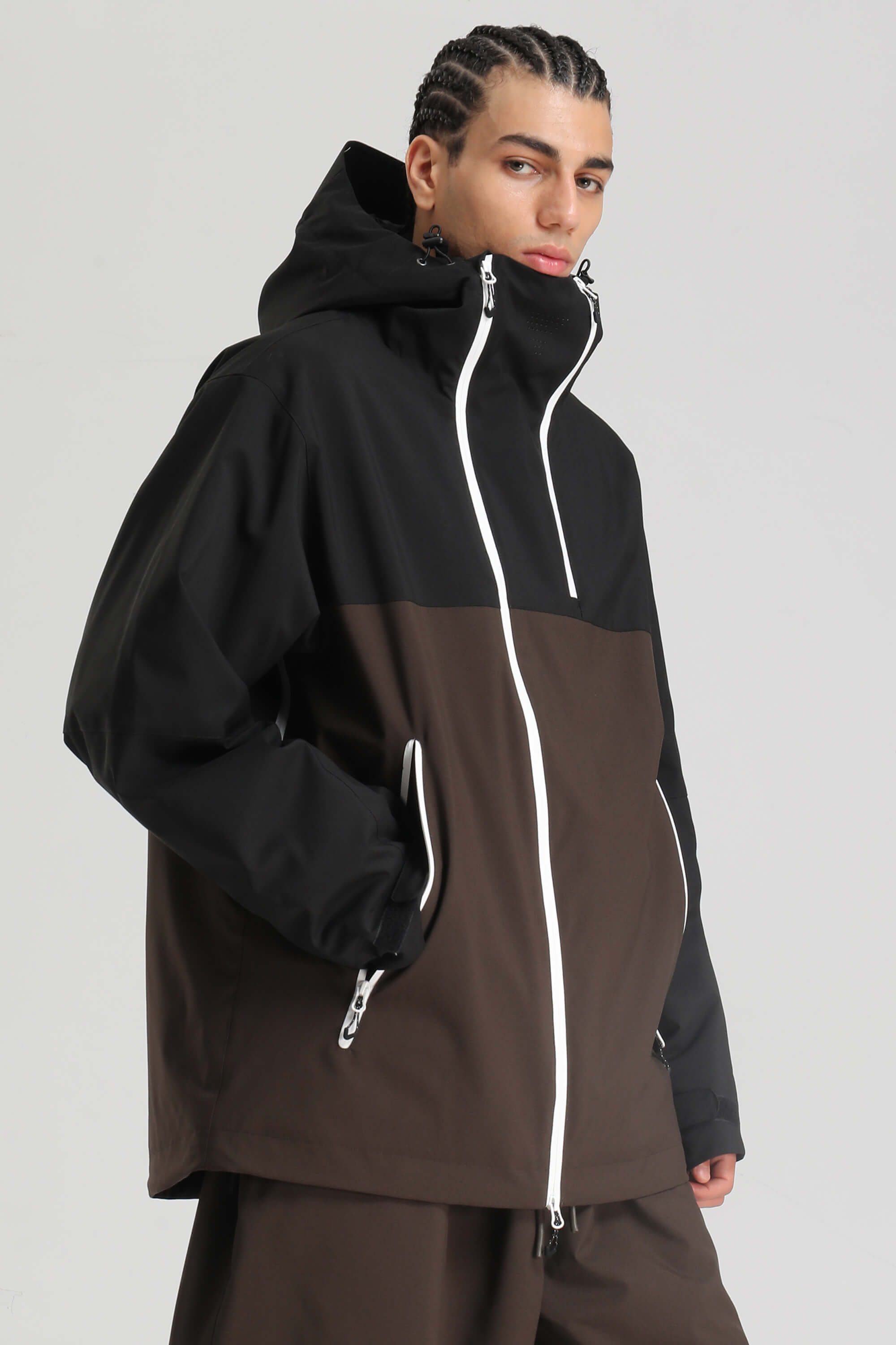 Men's Black & Khaki Asym-Zip Face-Vent Ski Jacket Waterproof Insulated Snow Jacket