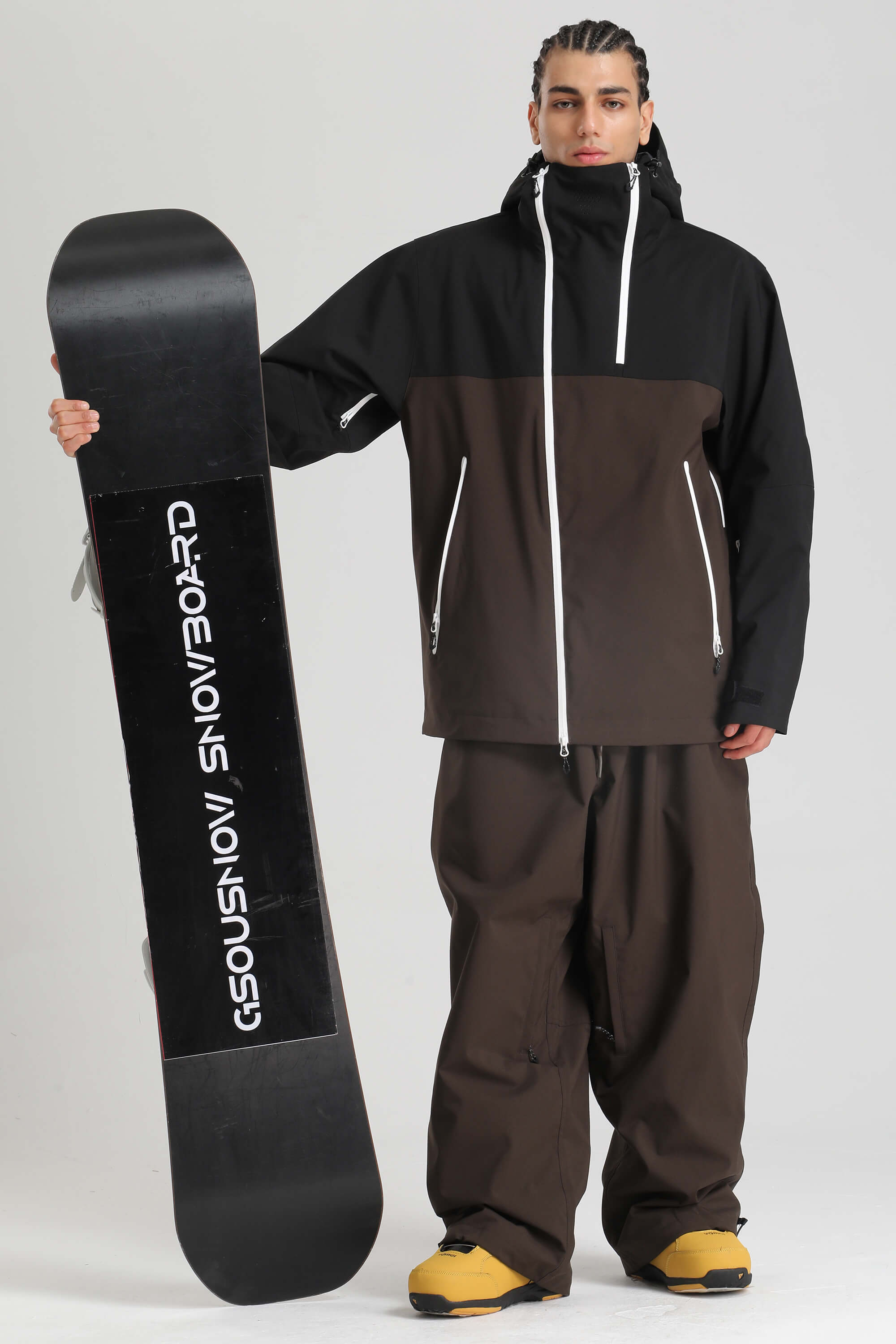 Men's Black & Coffee Asym-Zip Face-Vent Ski Jacket Waterproof Insulated Snow Jacket
