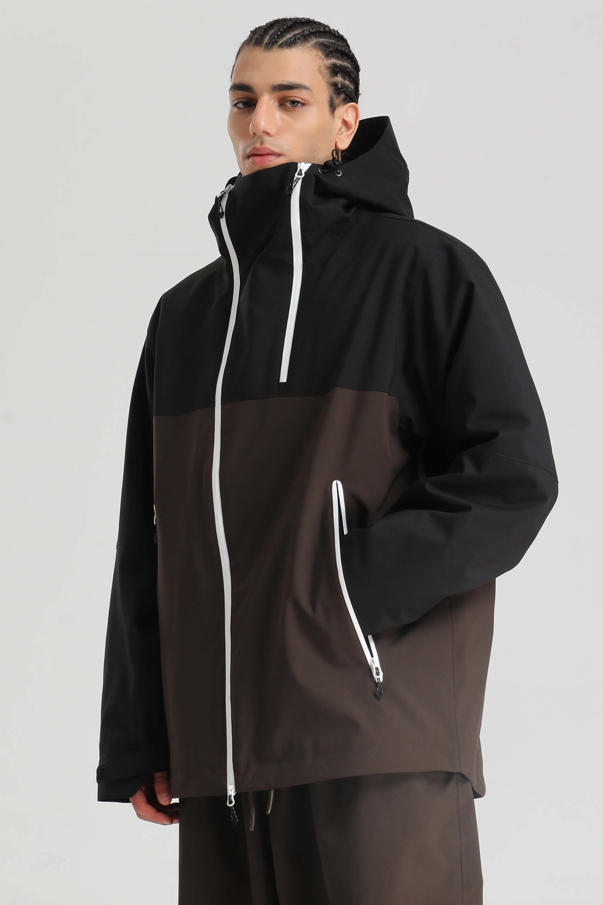 Men's Black & Coffee Asym-Zip Face-Vent Ski Jacket Waterproof Insulated Snow Jacket