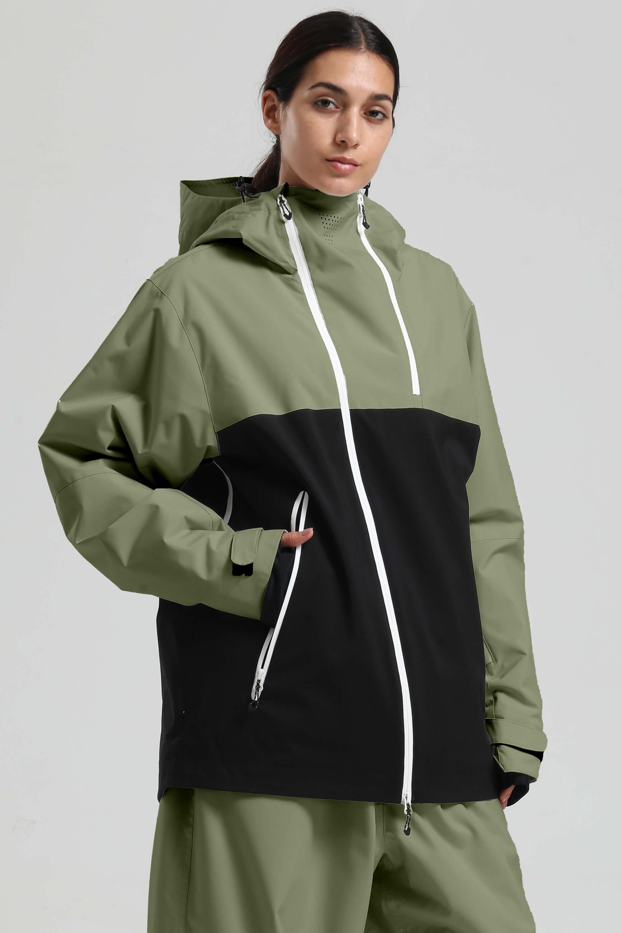 Women's Green & Black Asym-Zip Face-Vent Ski Jacket Waterproof Insulated Snow Jacket