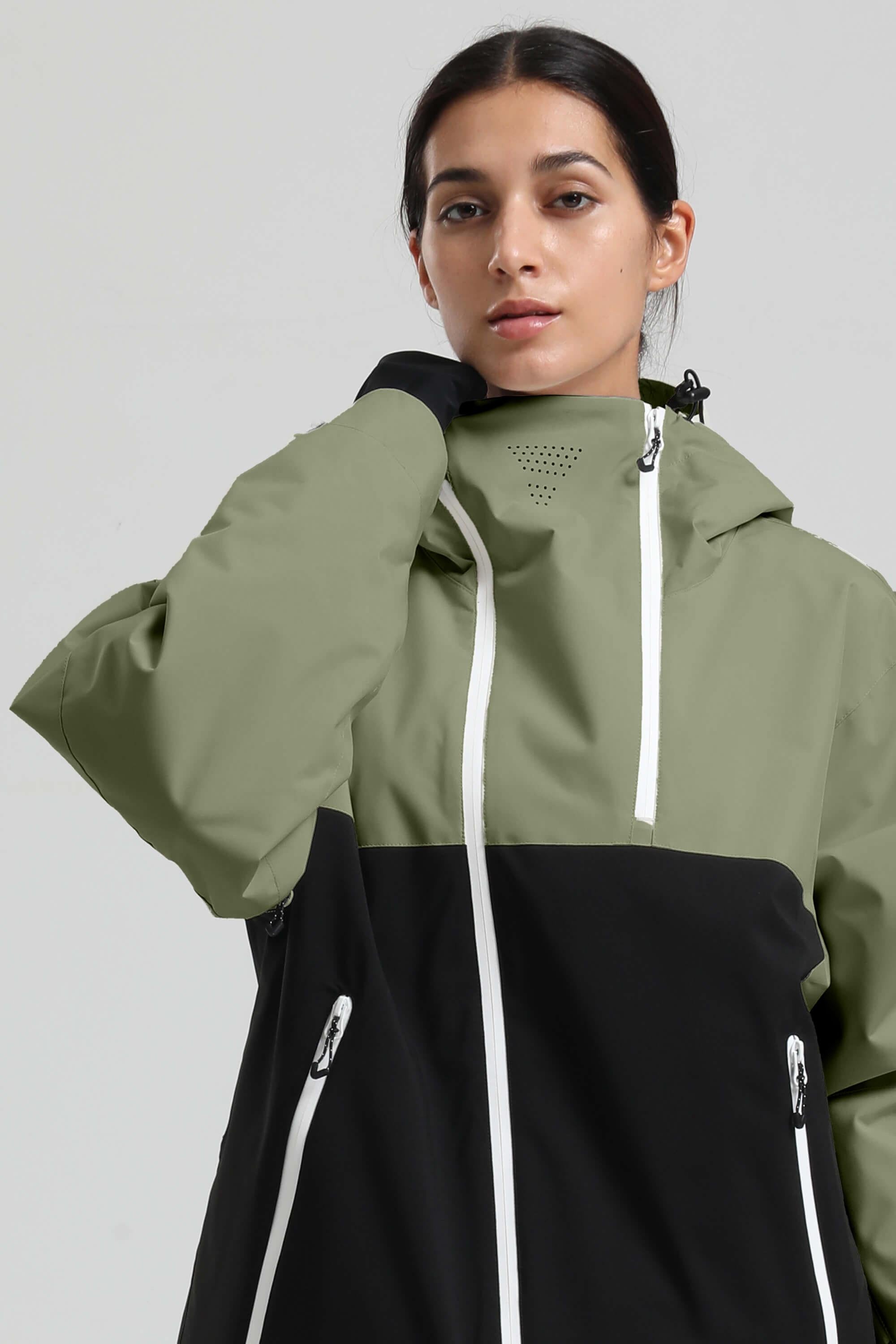 Women's Green & Black Asym-Zip Face-Vent Ski Jacket Waterproof Insulated Snow Jacket
