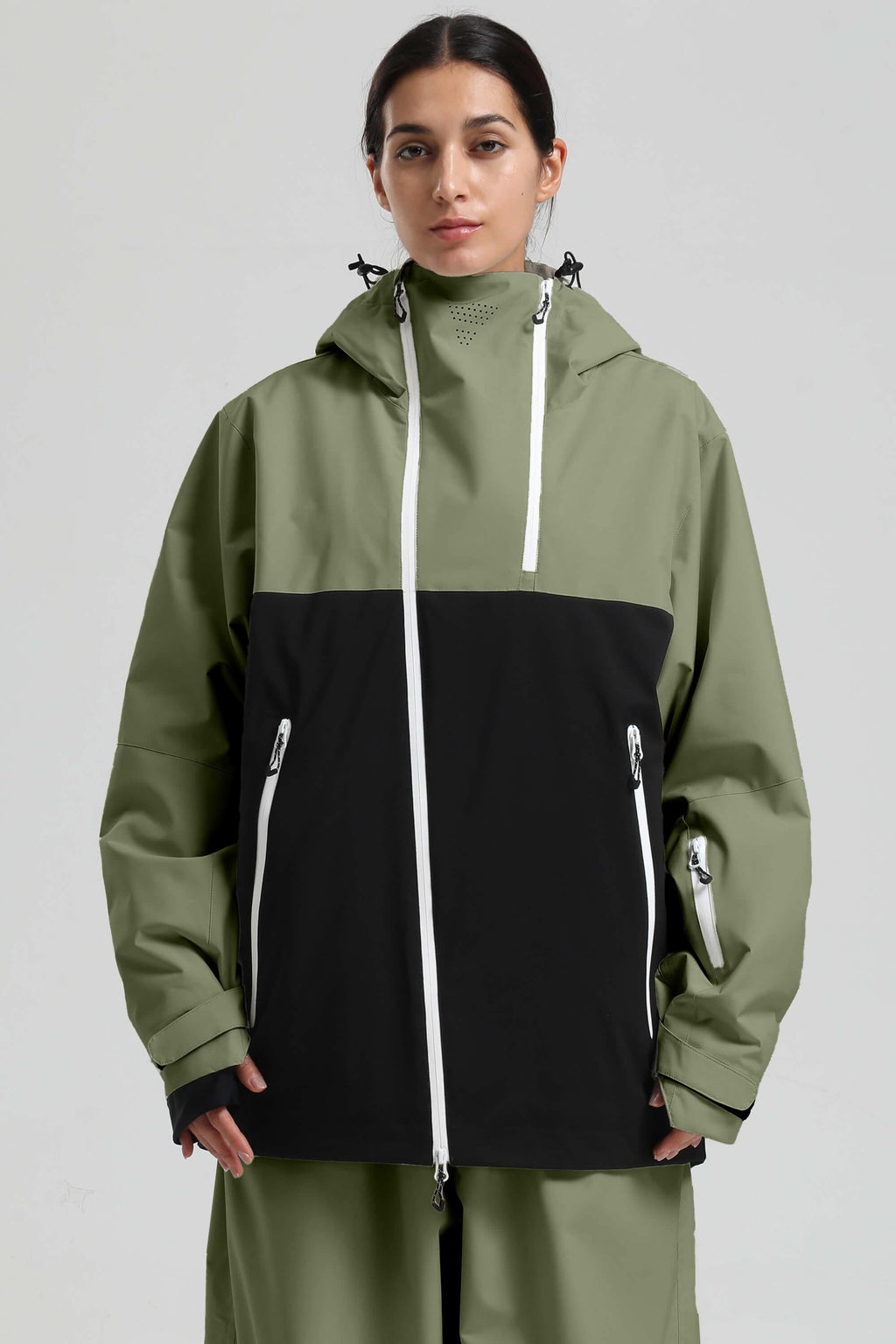 Women's Green & Black Asym-Zip Face-Vent Ski Jacket Waterproof Insulated Snow Jacket