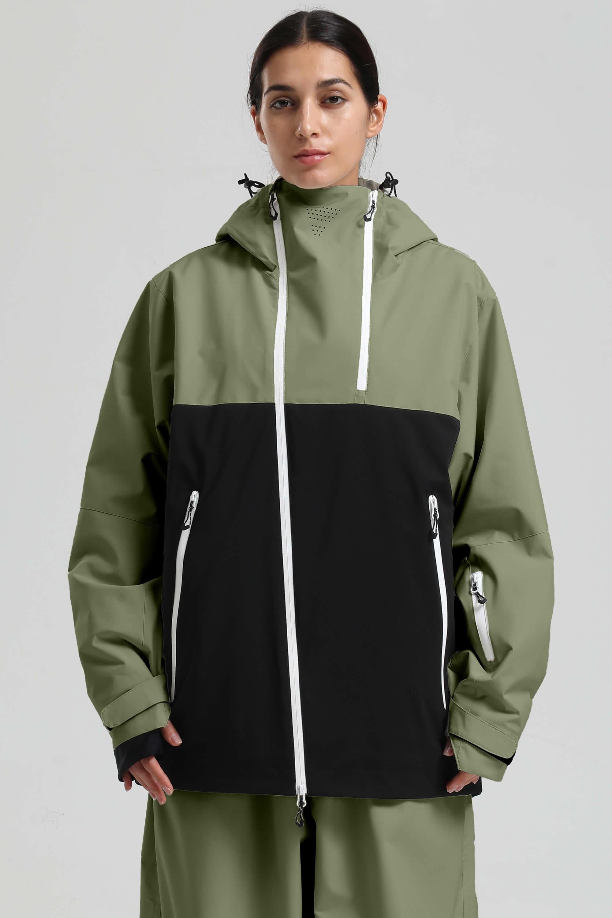 Women's Green & Black Asym-Zip Face-Vent Ski Jacket Waterproof Insulated Snow Jacket