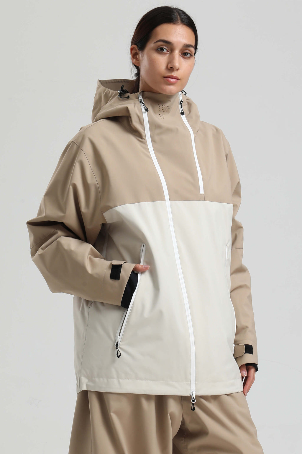 Women's Khaki & White Asym-Zip Face-Vent Ski Jacket Waterproof Insulated Snow Jacket