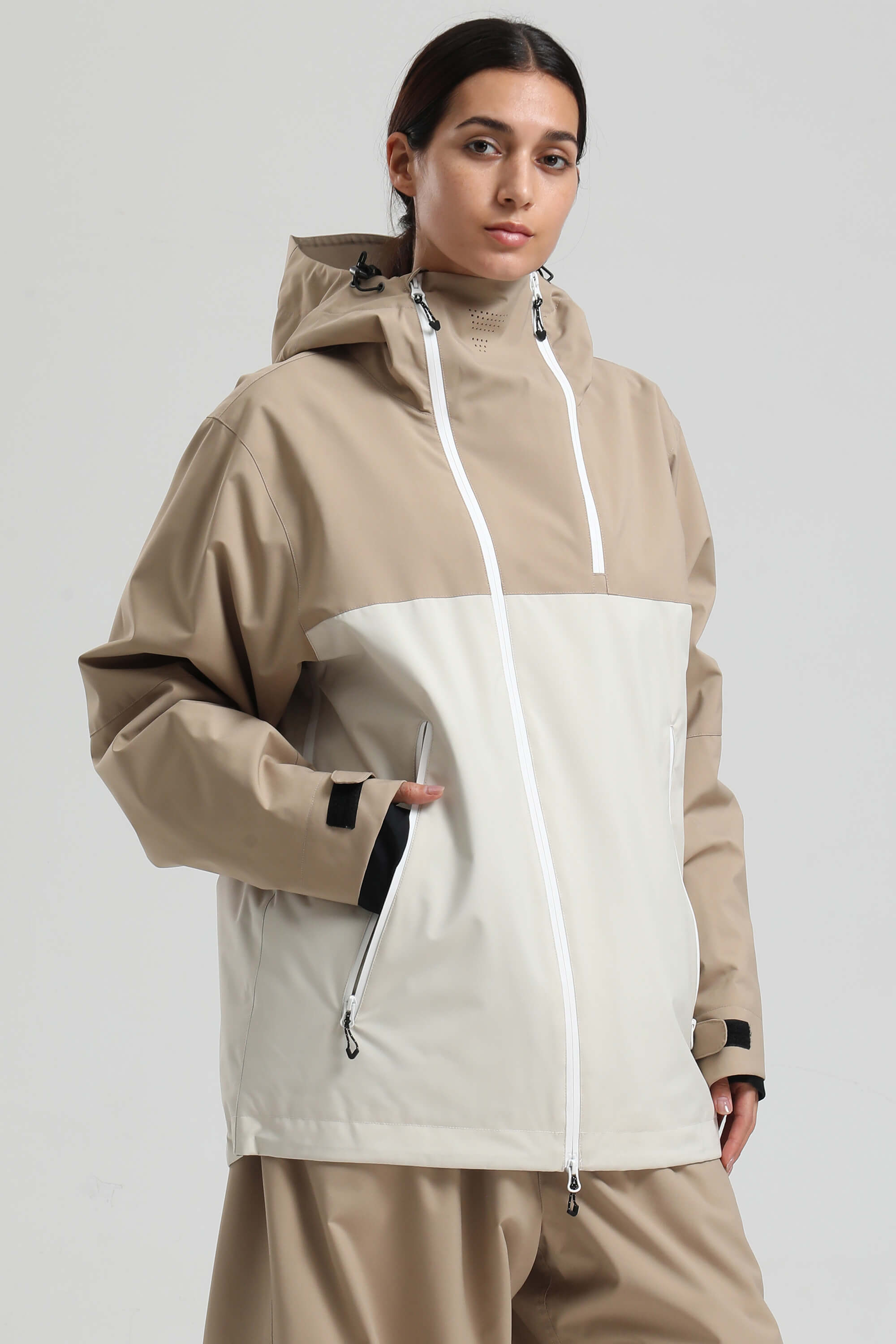 Women's Khaki & White Asym-Zip Face-Vent Ski Jacket Waterproof Insulated Snow Jacket