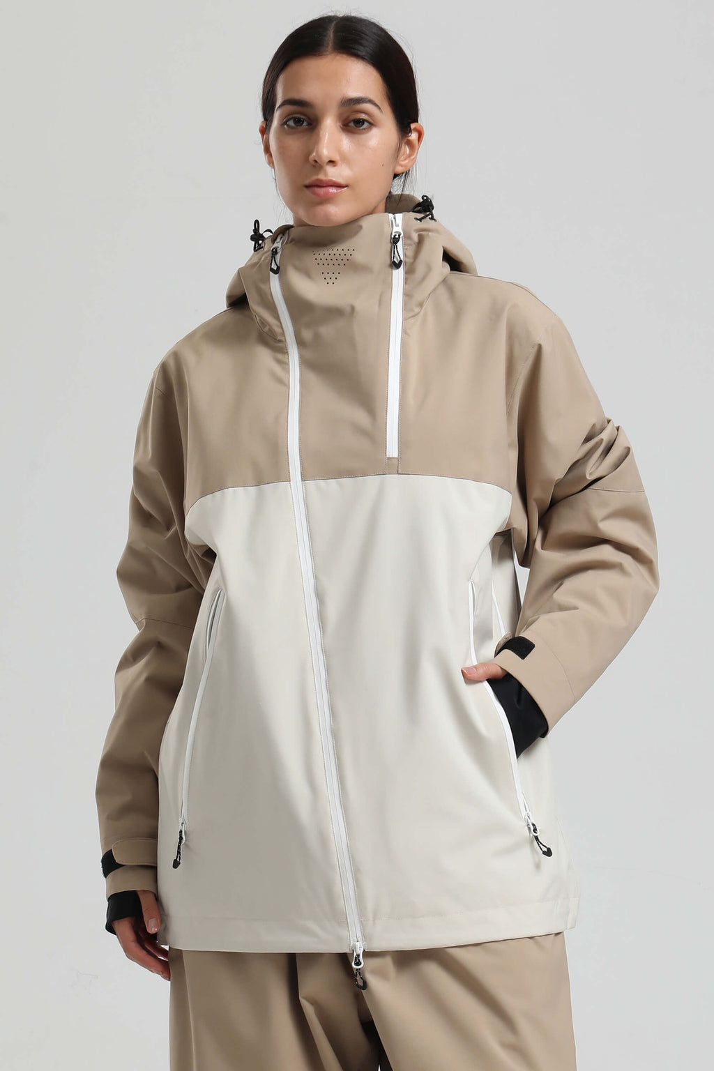 Women's Khaki & White Asym-Zip Face-Vent Ski Jacket Waterproof Insulated Snow Jacket