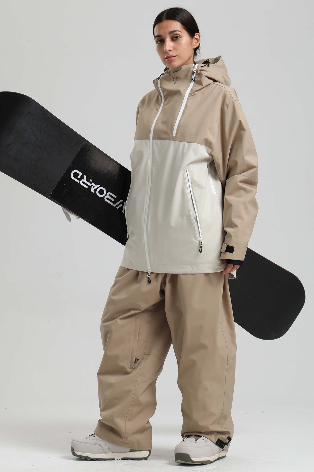 Women's Khaki & White Asym-Zip Face-Vent Ski Jacket Waterproof Insulated Snow Jacket