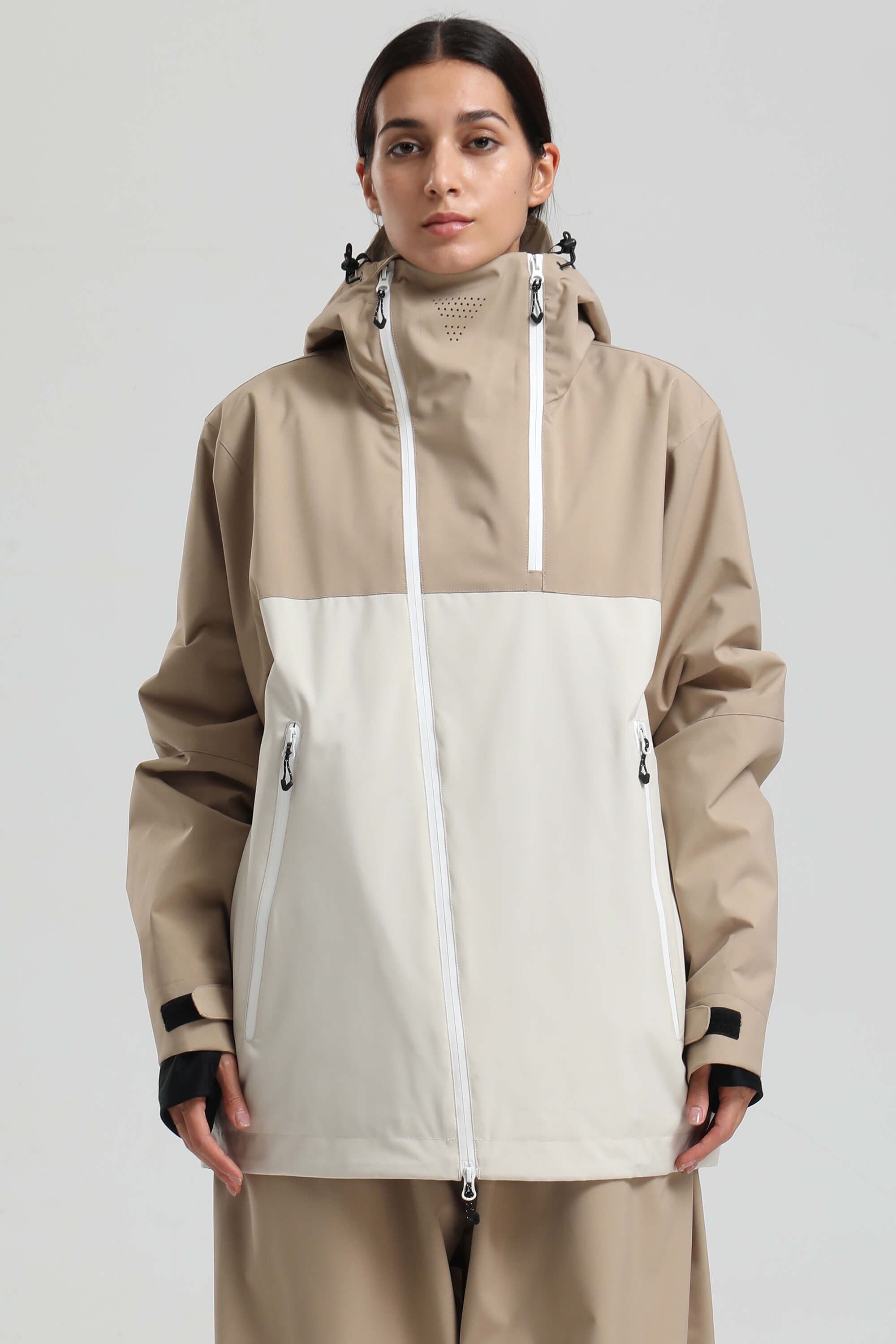 Women's Khaki & White Asym-Zip Face-Vent Ski Jacket Waterproof Insulated Snow Jacket