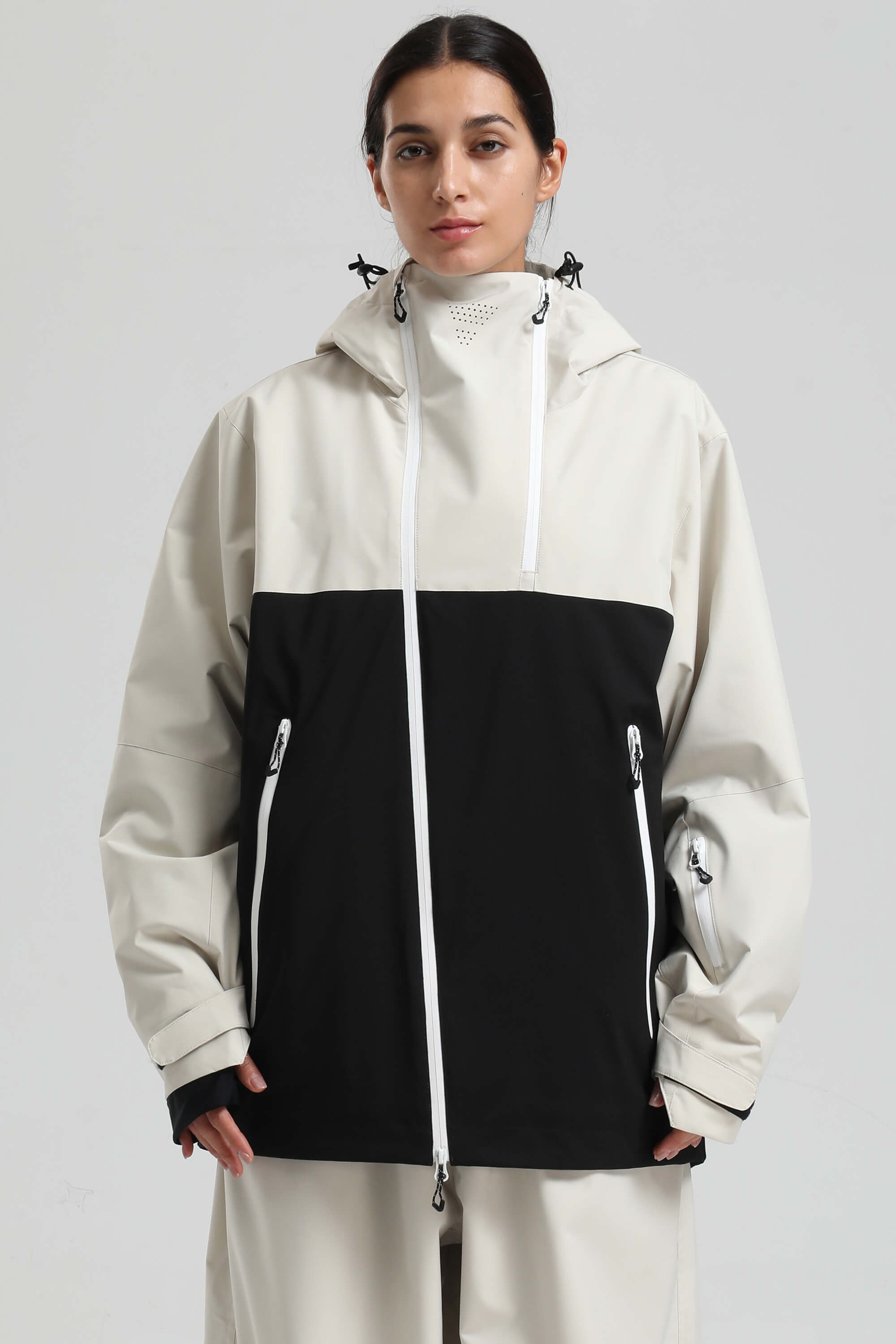Women's White & Black Asym-Zip Face-Vent Ski Jacket Waterproof Insulated Snow Jacket