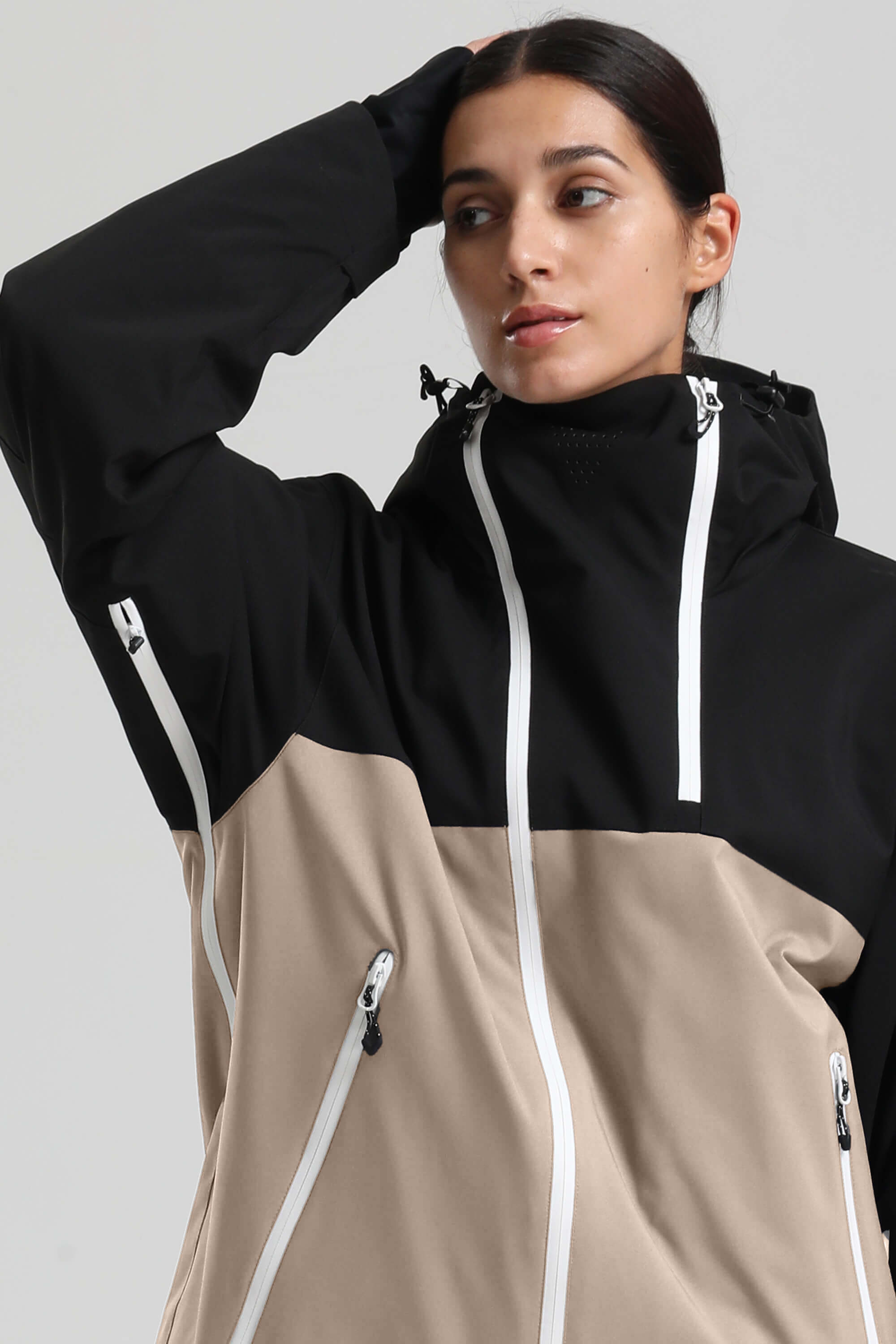 Women's Black & Khaki Asym-Zip Face-Vent Ski Jacket Waterproof Insulated Snow Jacket