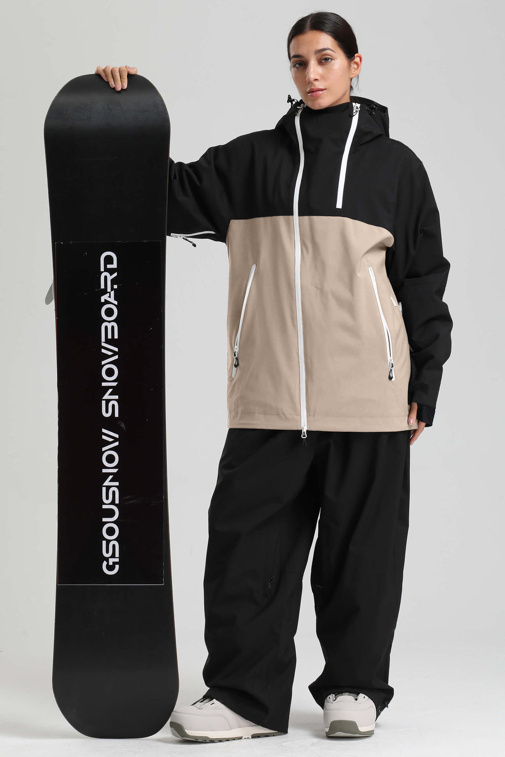 Women's Black & Khaki Asym-Zip Face-Vent Ski Jacket Waterproof Insulated Snow Jacket