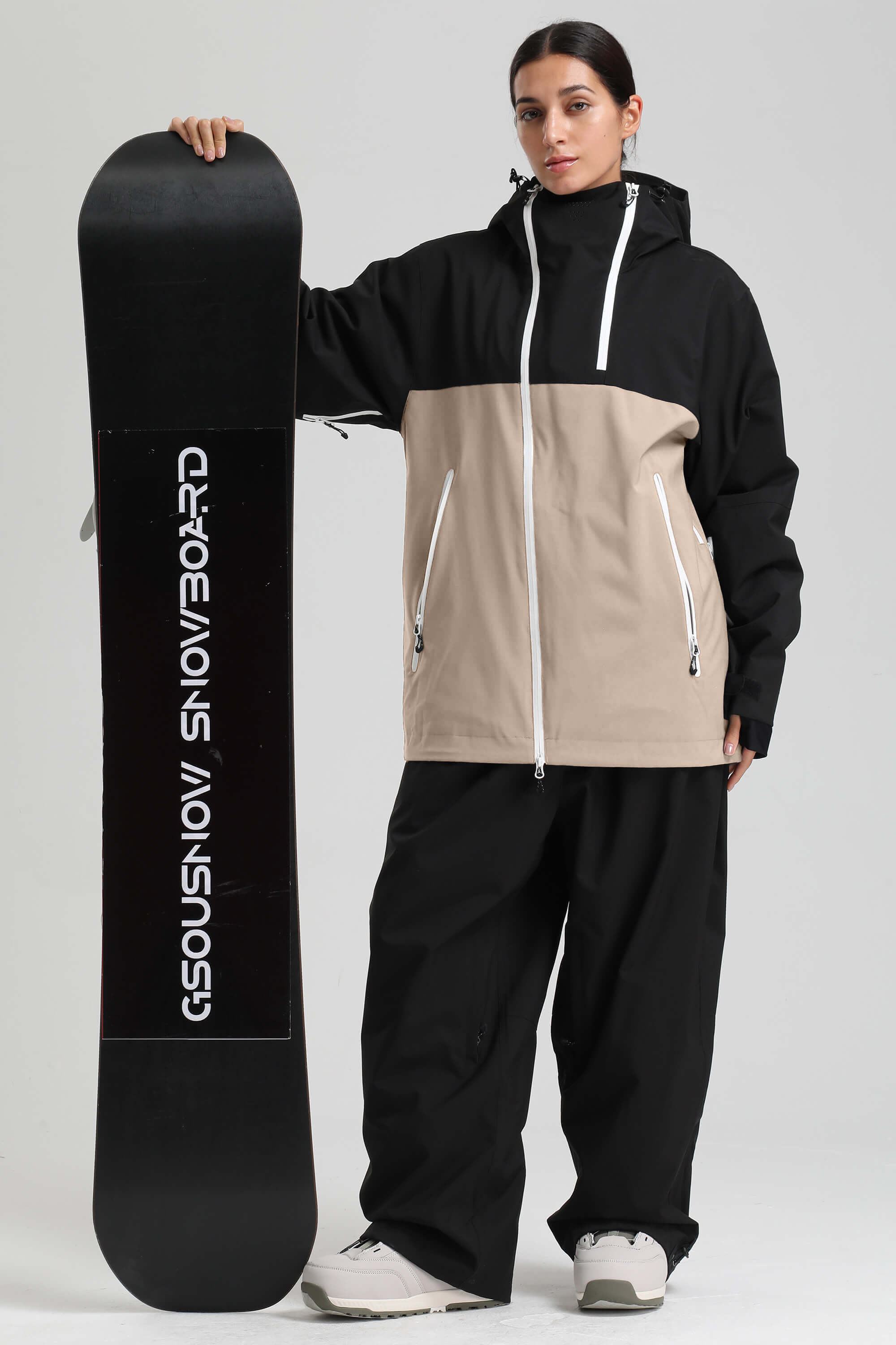 Women's Black & Khaki Asym-Zip Face-Vent Ski Jacket Waterproof Insulated Snow Jacket