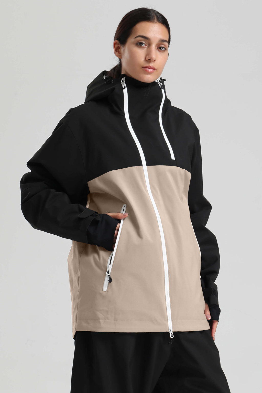 Women's Black & Khaki Asym-Zip Face-Vent Ski Jacket Waterproof Insulated Snow Jacket