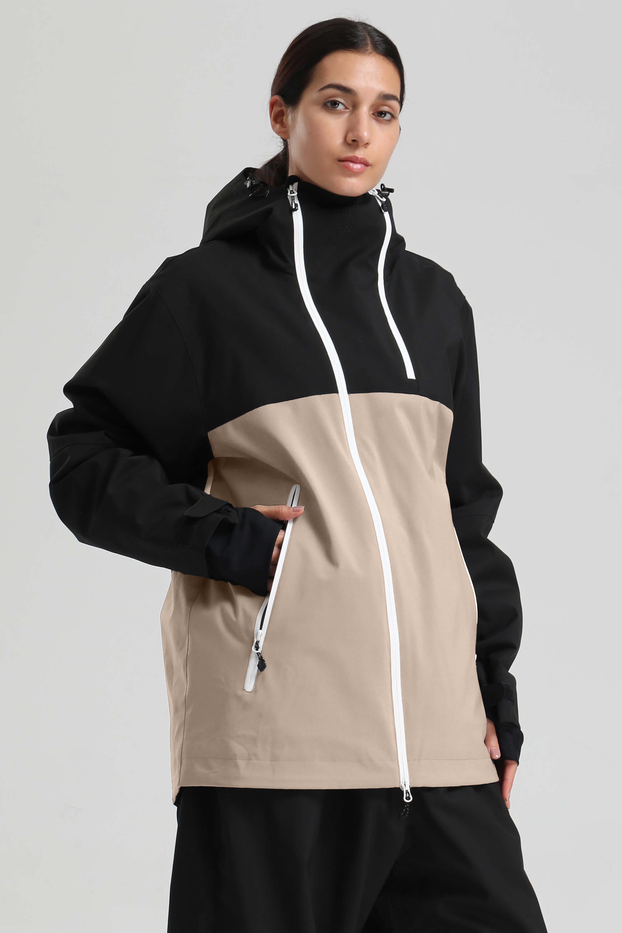 Women's Black & Khaki Asym-Zip Face-Vent Ski Jacket Waterproof Insulated Snow Jacket
