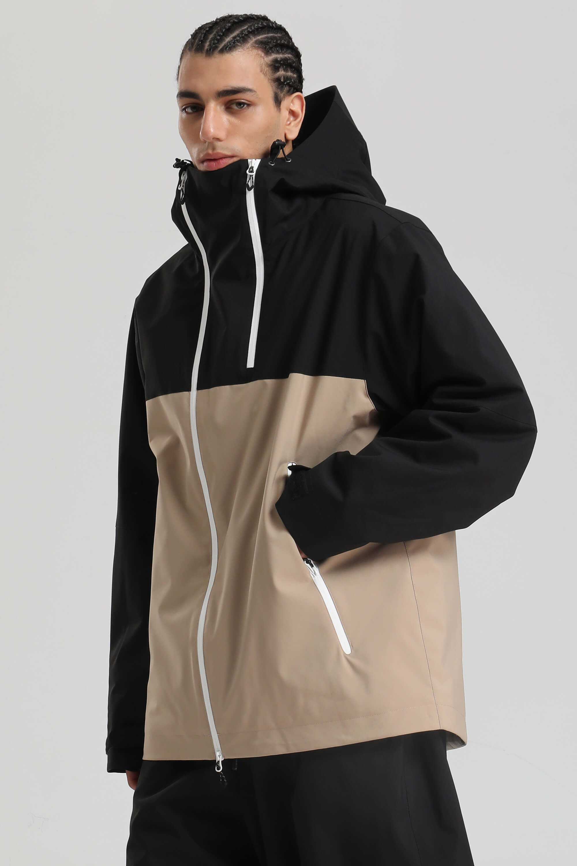 Men's Black & Coffee Asym-Zip Face-Vent Ski Jacket Waterproof Insulated Snow Jacket