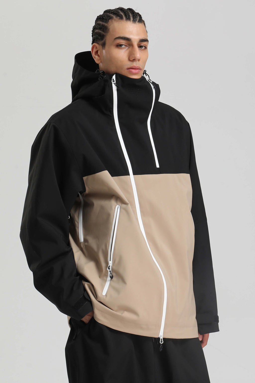 Men's Black & Khaki Asym-Zip Face-Vent Ski Jacket Waterproof Insulated Snow Jacket
