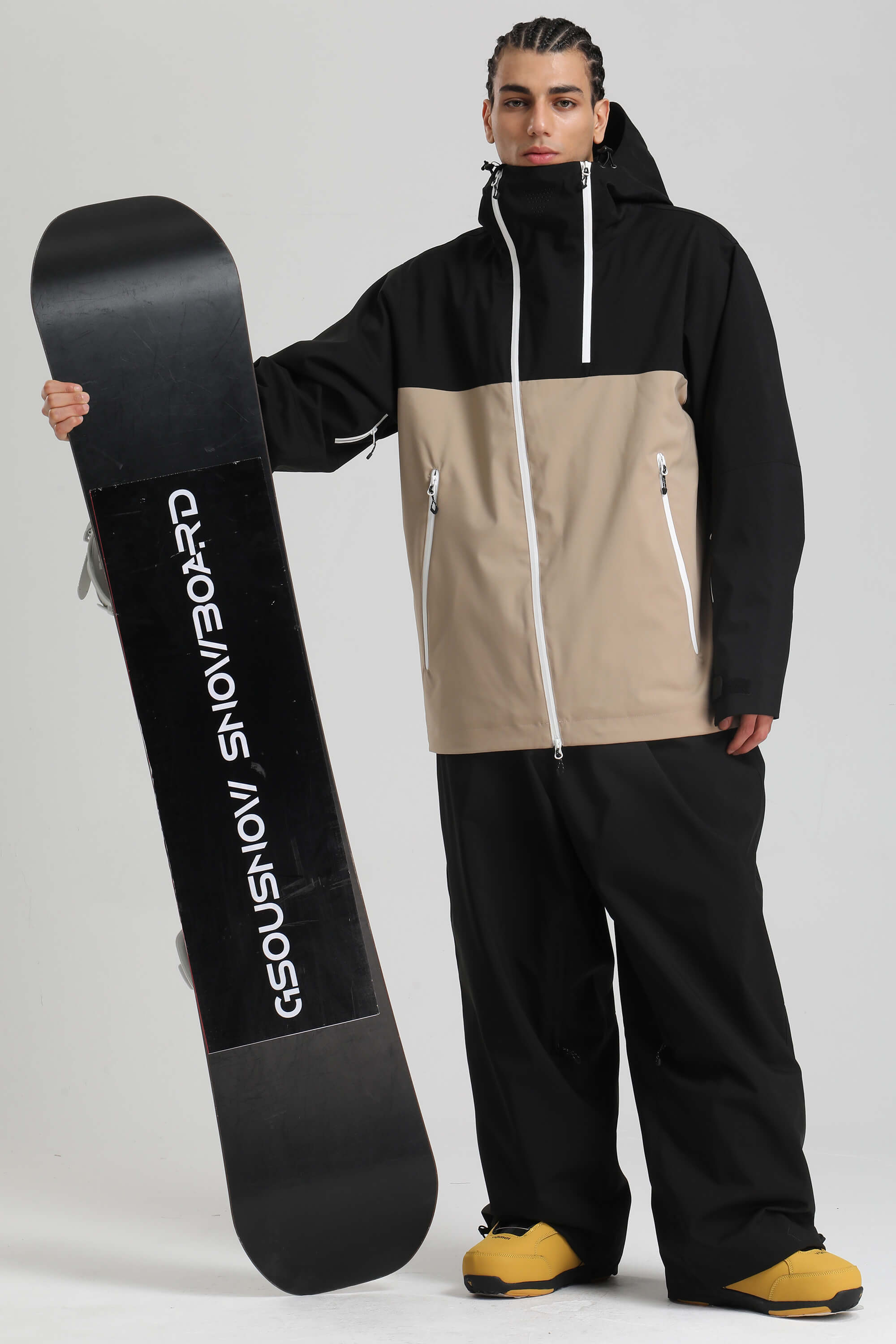 Men's Black & Khaki Asym-Zip Face-Vent Ski Jacket Waterproof Insulated Snow Jacket