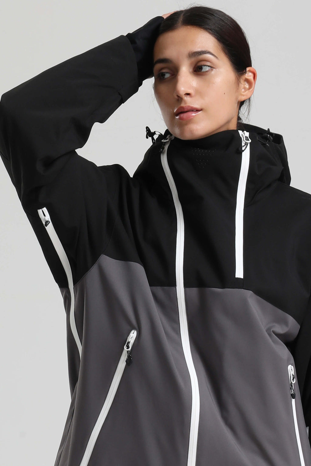 Women's Black & Grey Asym-Zip Face-Vent Ski Jacket Waterproof Insulated Snow Jacket