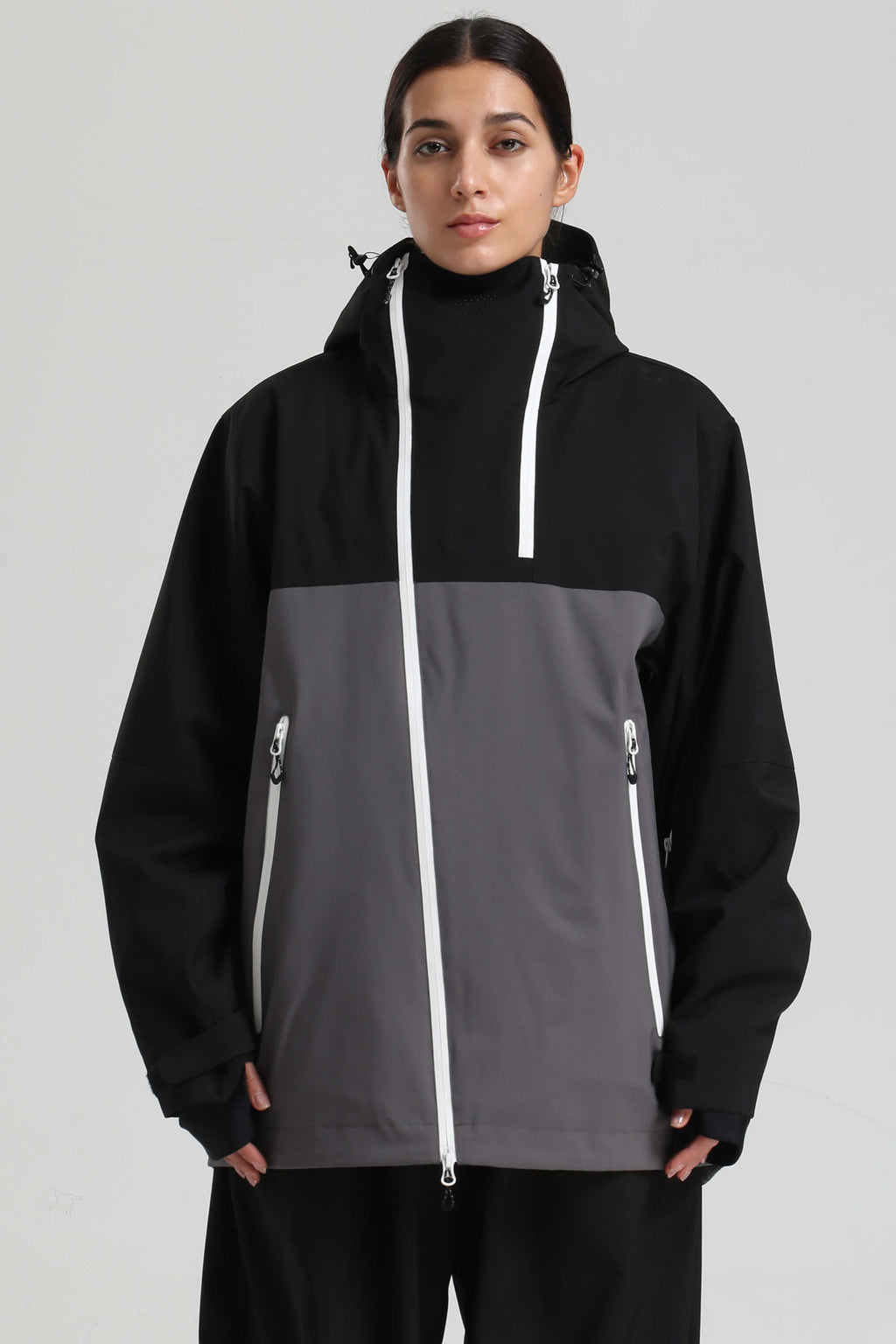 Women's Black & Grey Asym-Zip Face-Vent Ski Jacket Waterproof Insulated Snow Jacket