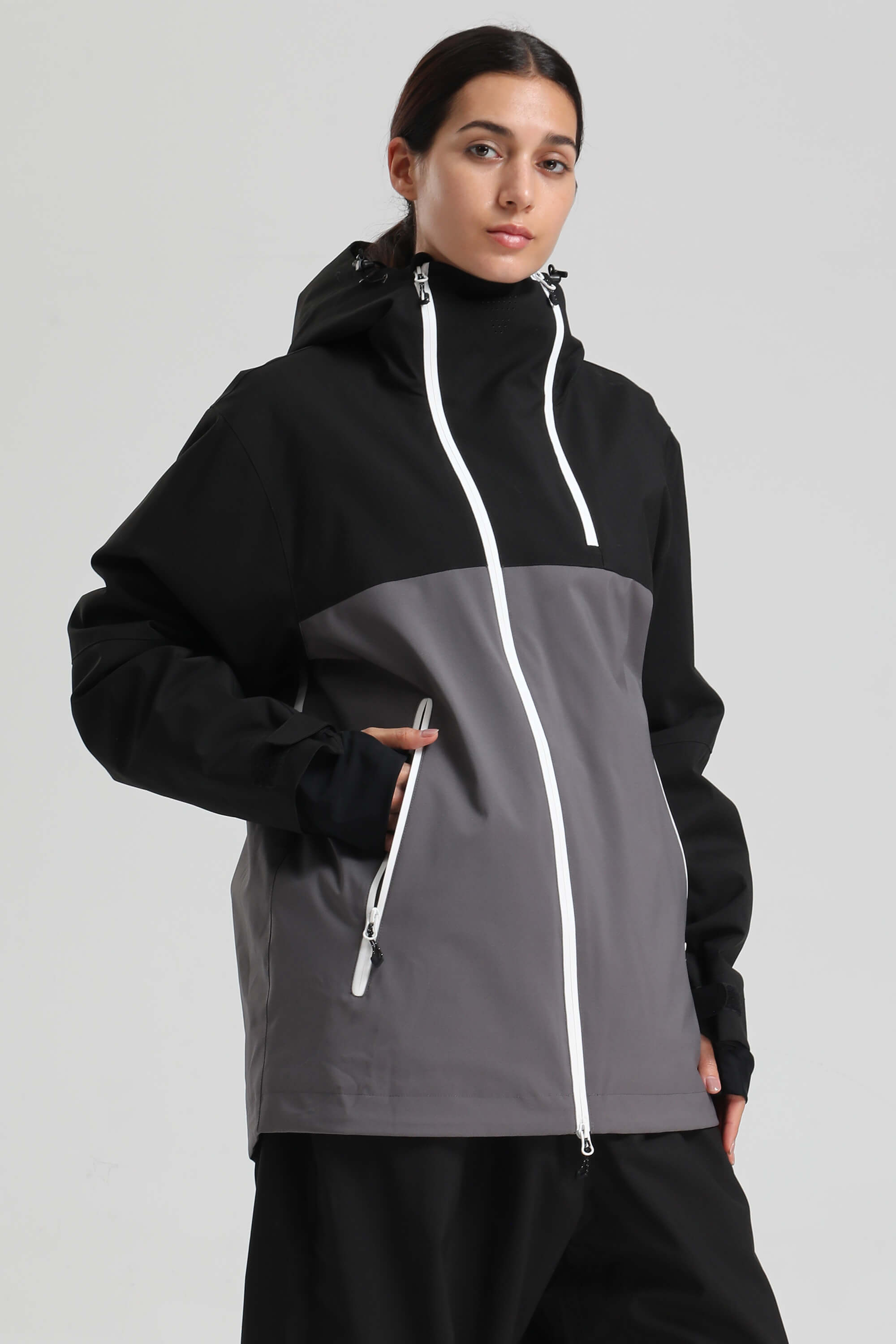 Women's Black & Grey Asym-Zip Face-Vent Ski Jacket Waterproof Insulated Snow Jacket