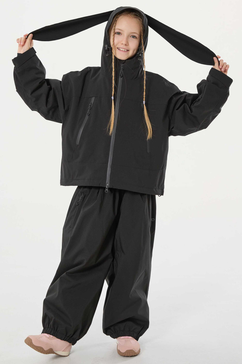 Girls Black Detachable-Hood Waterproof Insulated Ski Jacket Snow Jacket